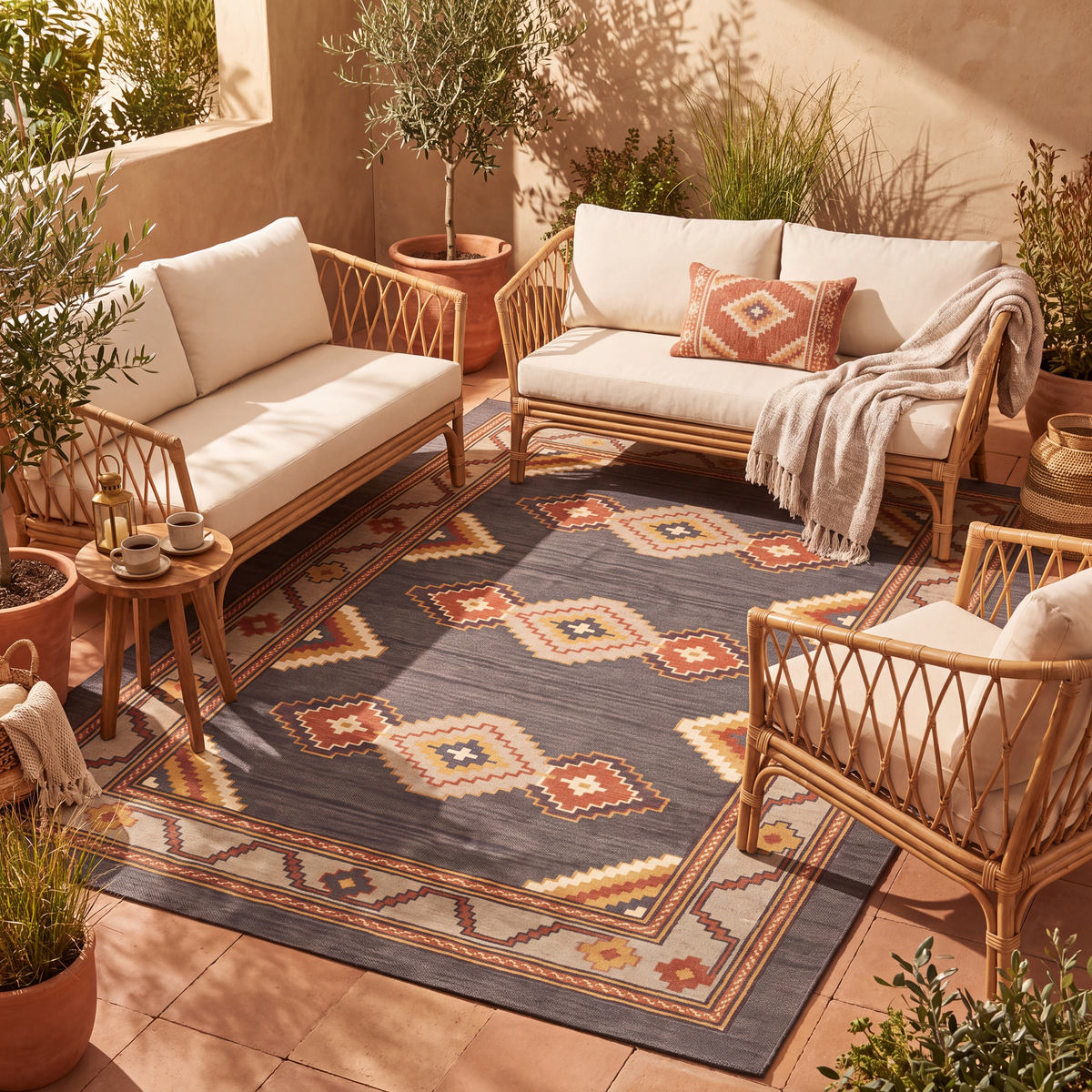 The rug laid flat on a patio beside outdoor seating.