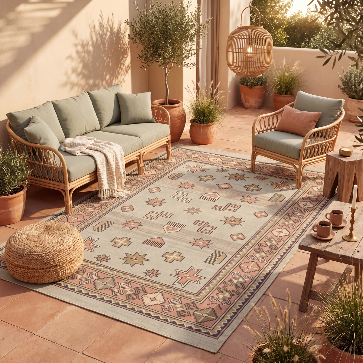 The rug laid flat on a patio beside outdoor seating.