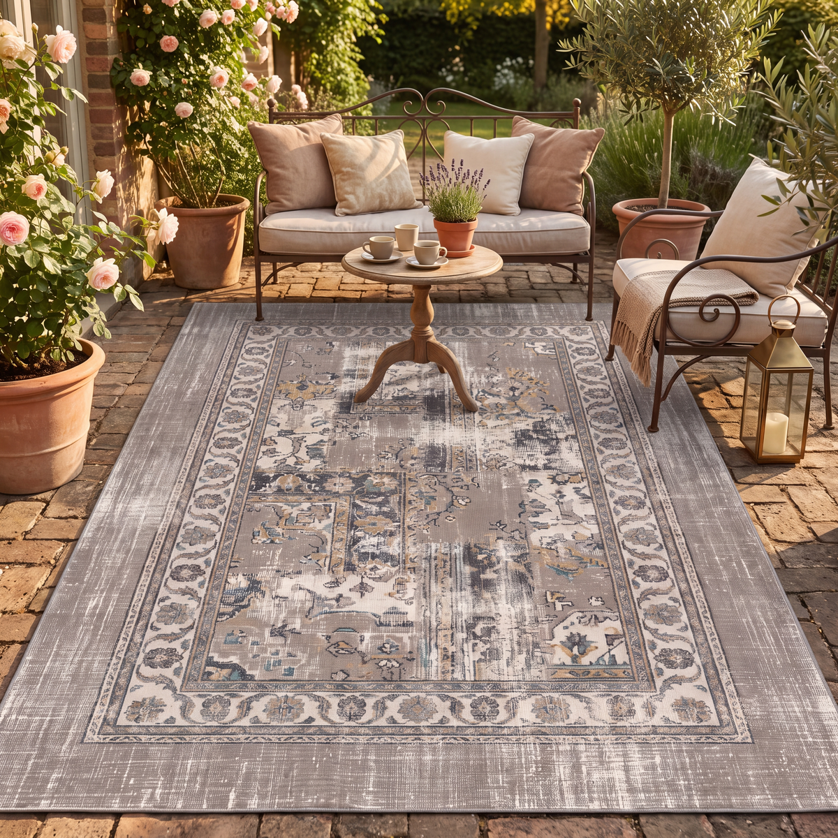The rug laid flat on a patio beside outdoor seating.