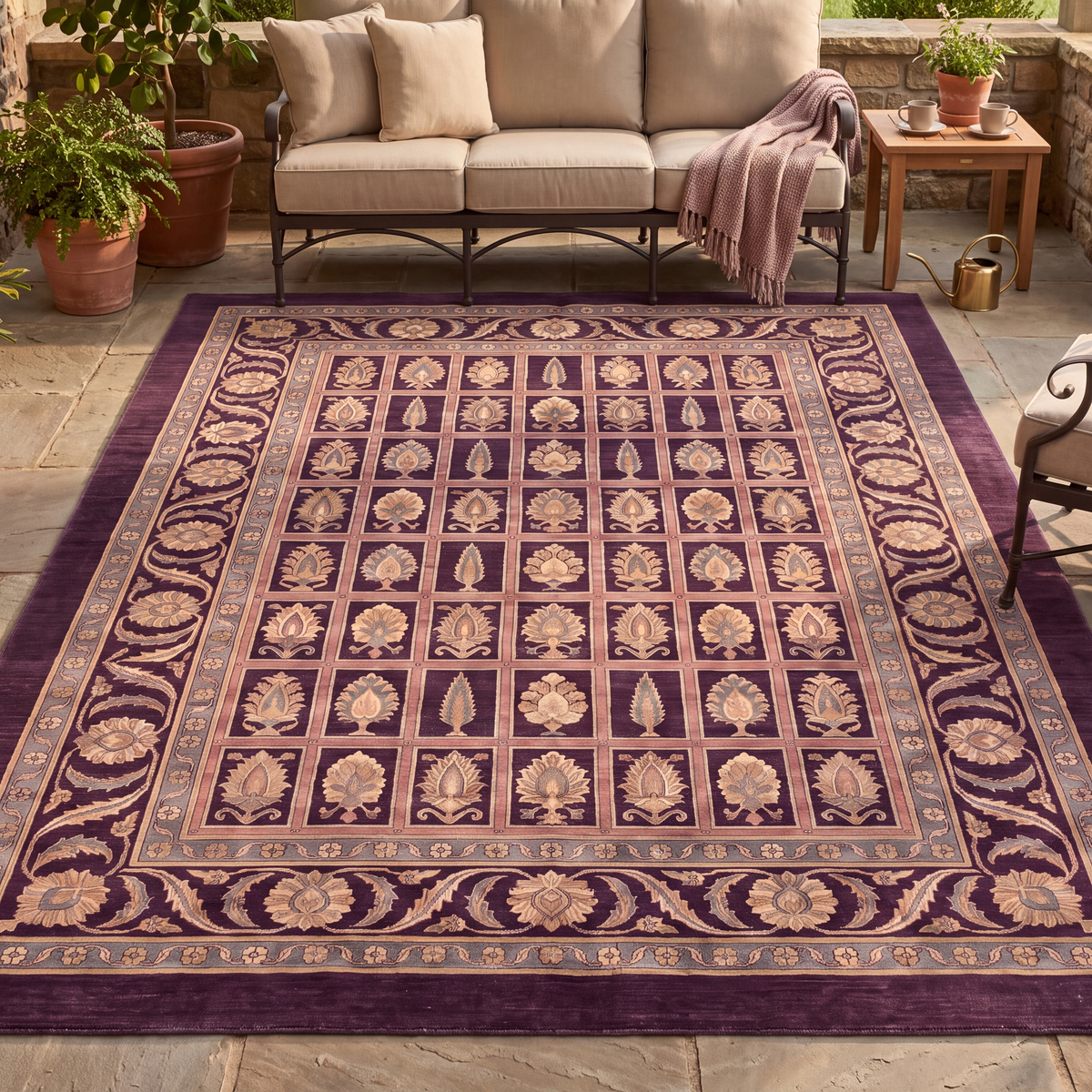 The rug laid flat on a patio beside outdoor seating.