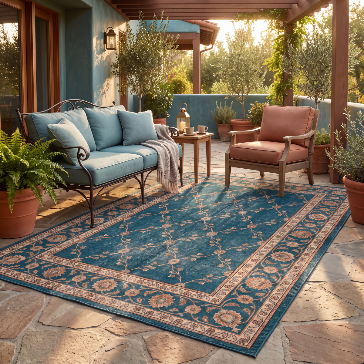 The rug laid flat on a patio beside outdoor seating.