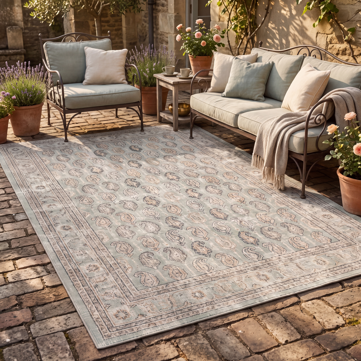 The rug laid flat on a patio beside outdoor seating.