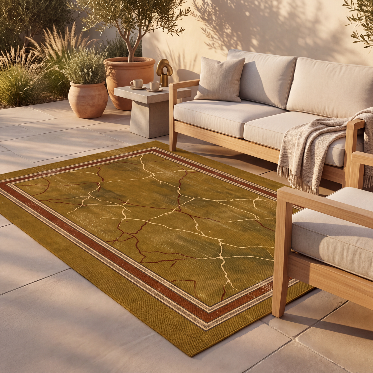 The rug laid flat on a patio beside outdoor seating.