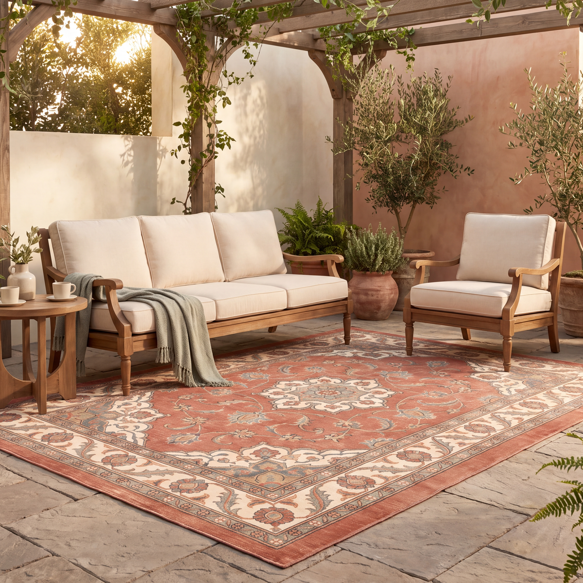 The rug laid flat on a patio beside outdoor seating.