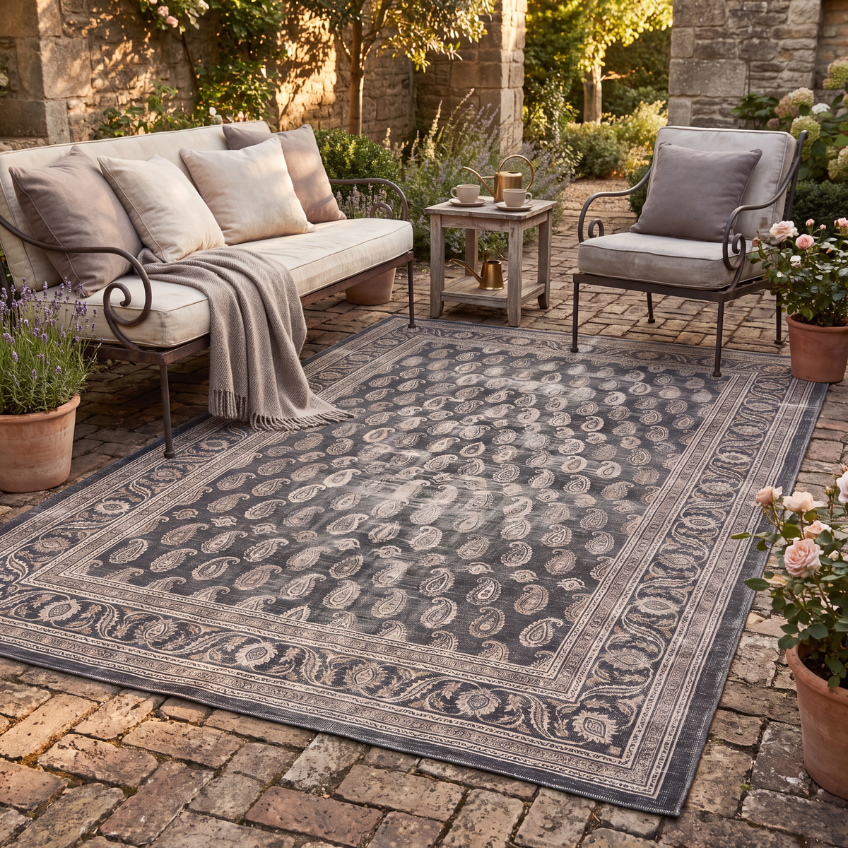 The rug laid flat on a patio beside outdoor seating.