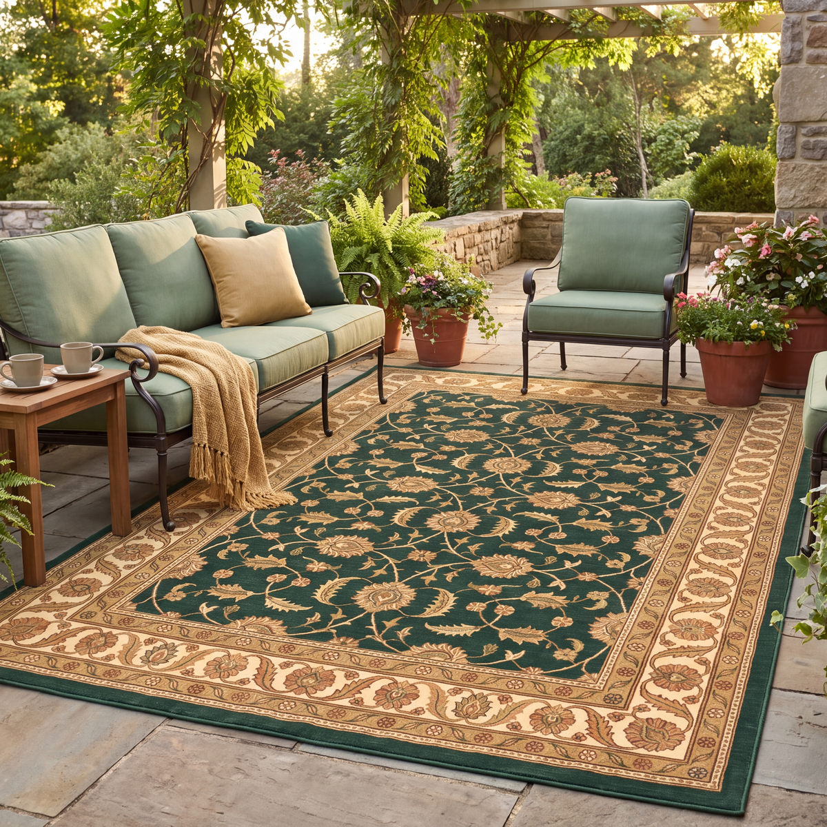 The rug laid flat on a patio beside outdoor seating.