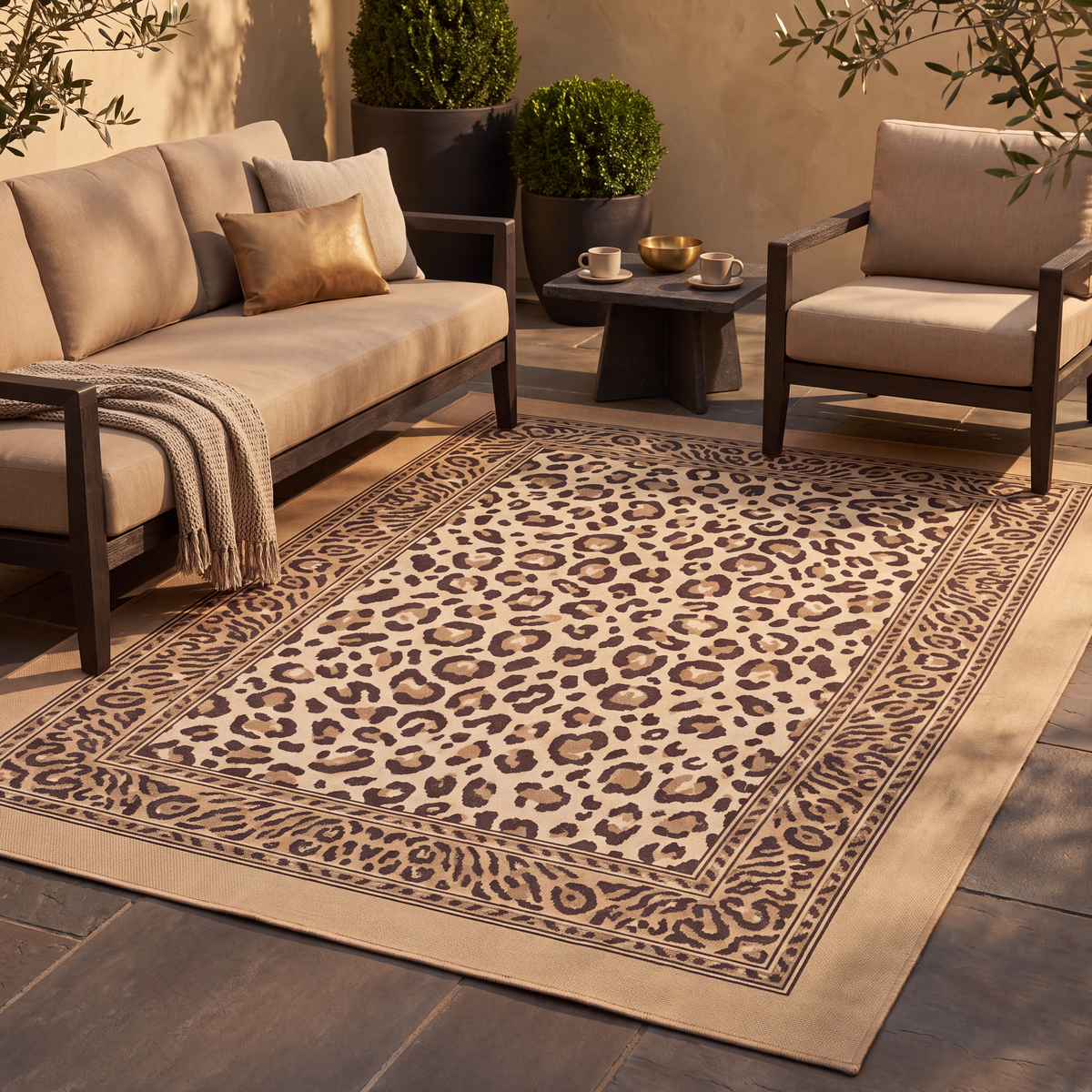 The rug laid flat on a patio beside outdoor seating.