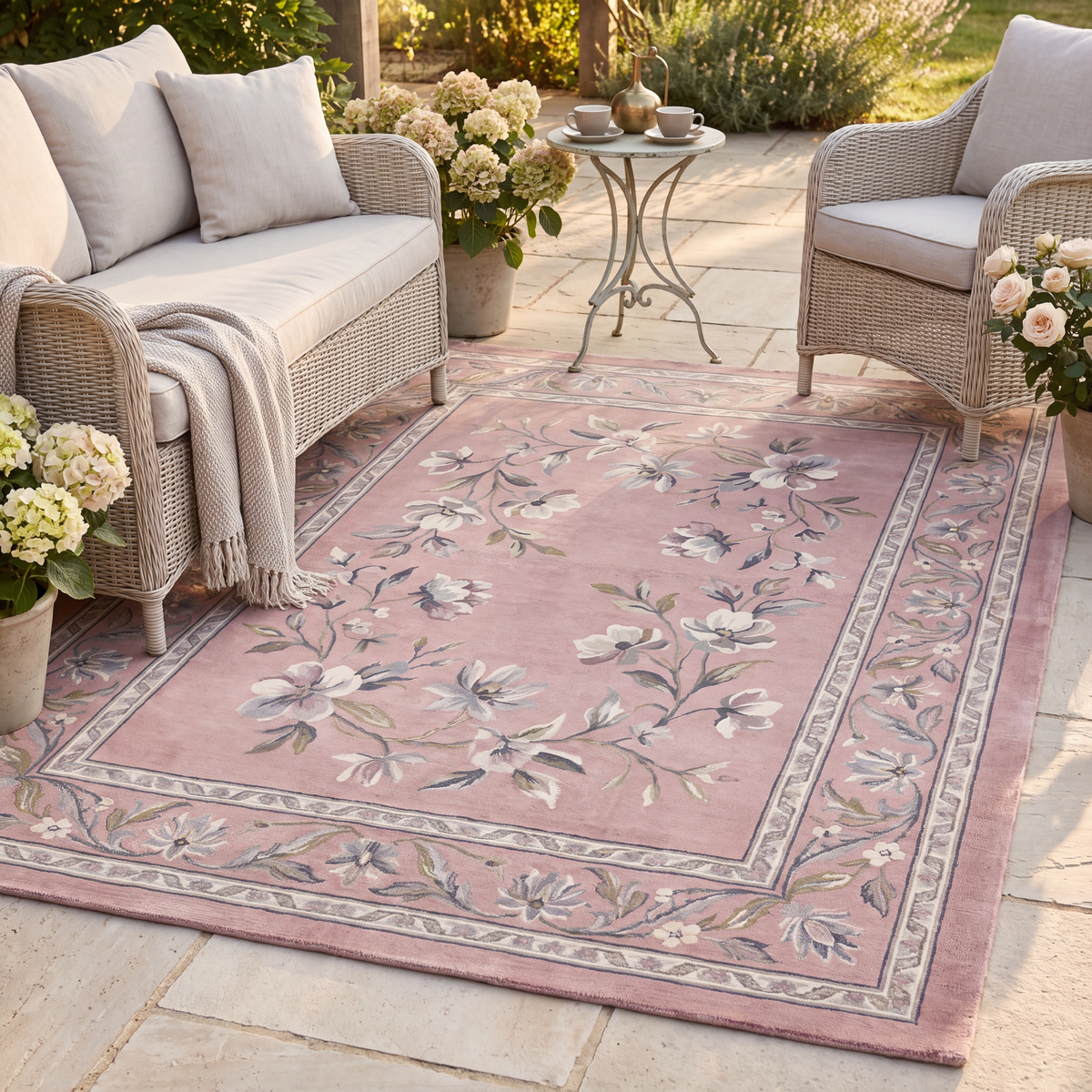 The rug laid flat on a patio beside outdoor seating.
