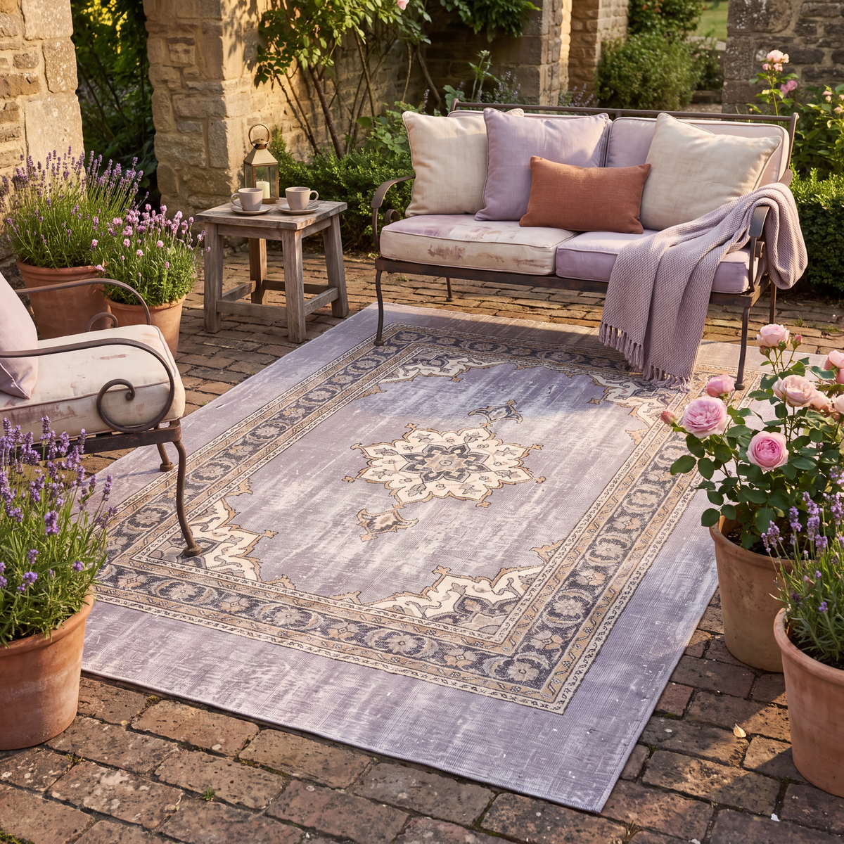 The rug laid flat on a patio beside outdoor seating.