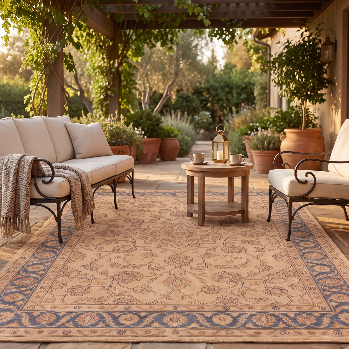The rug laid flat on a patio beside outdoor seating.