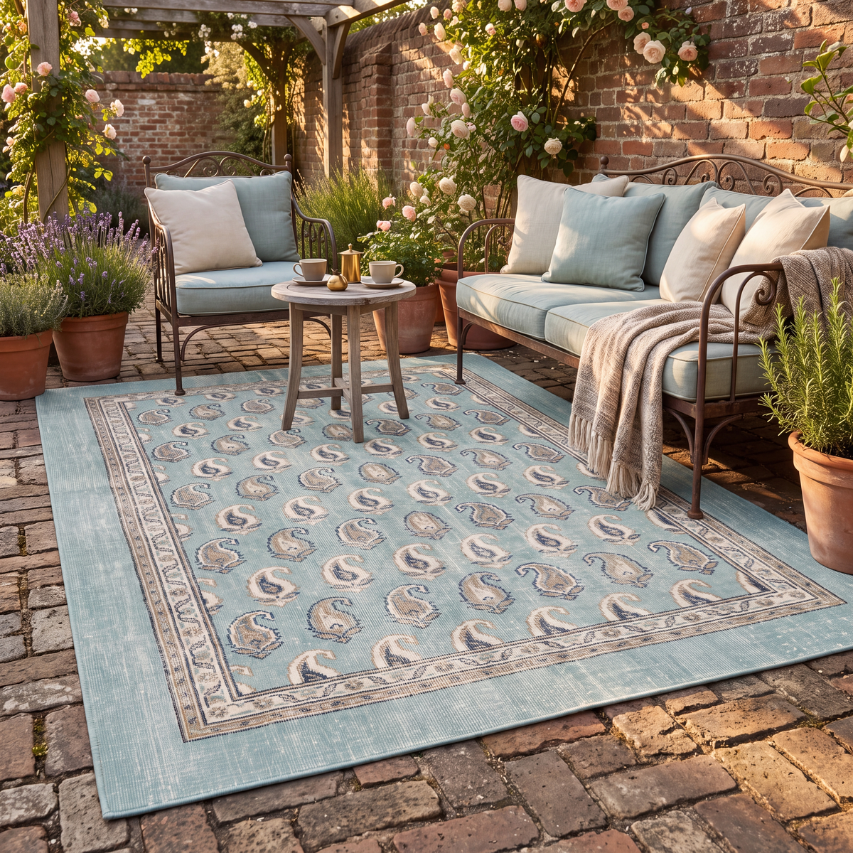 The rug laid flat on a patio beside outdoor seating.