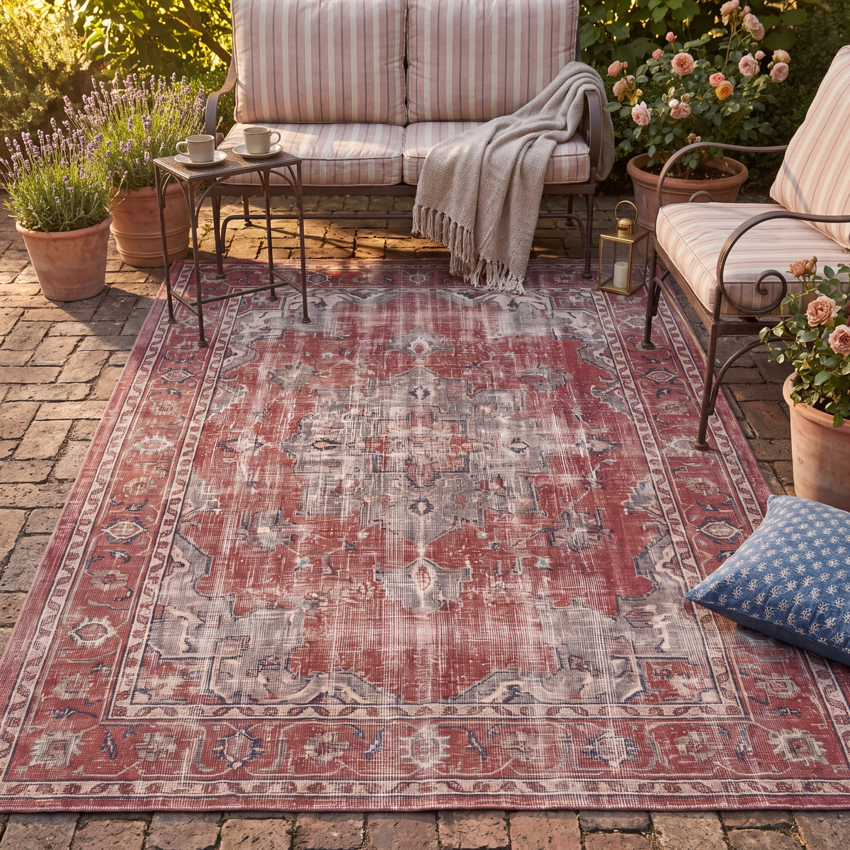 The rug laid flat on a patio beside outdoor seating.