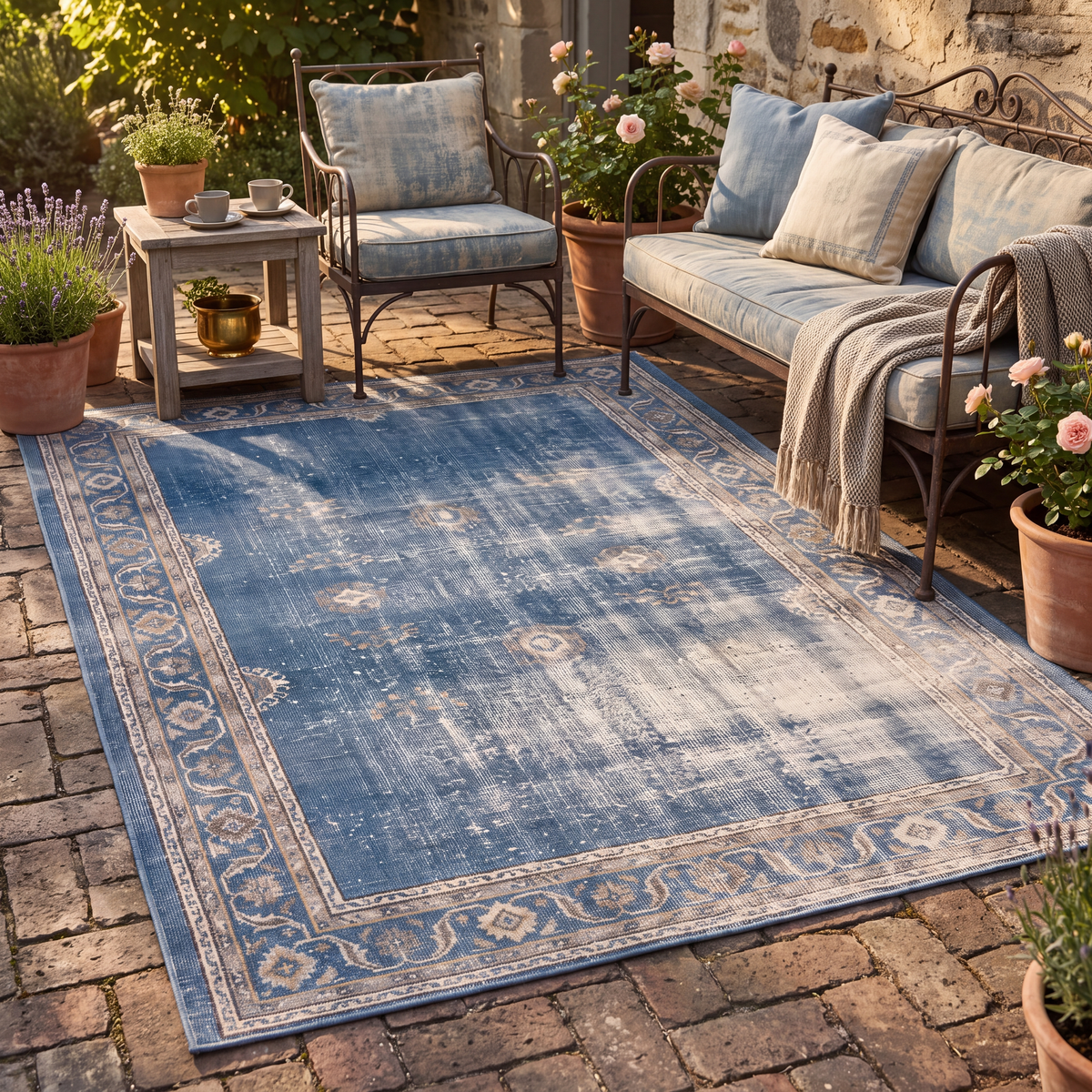 The rug laid flat on a patio beside outdoor seating.