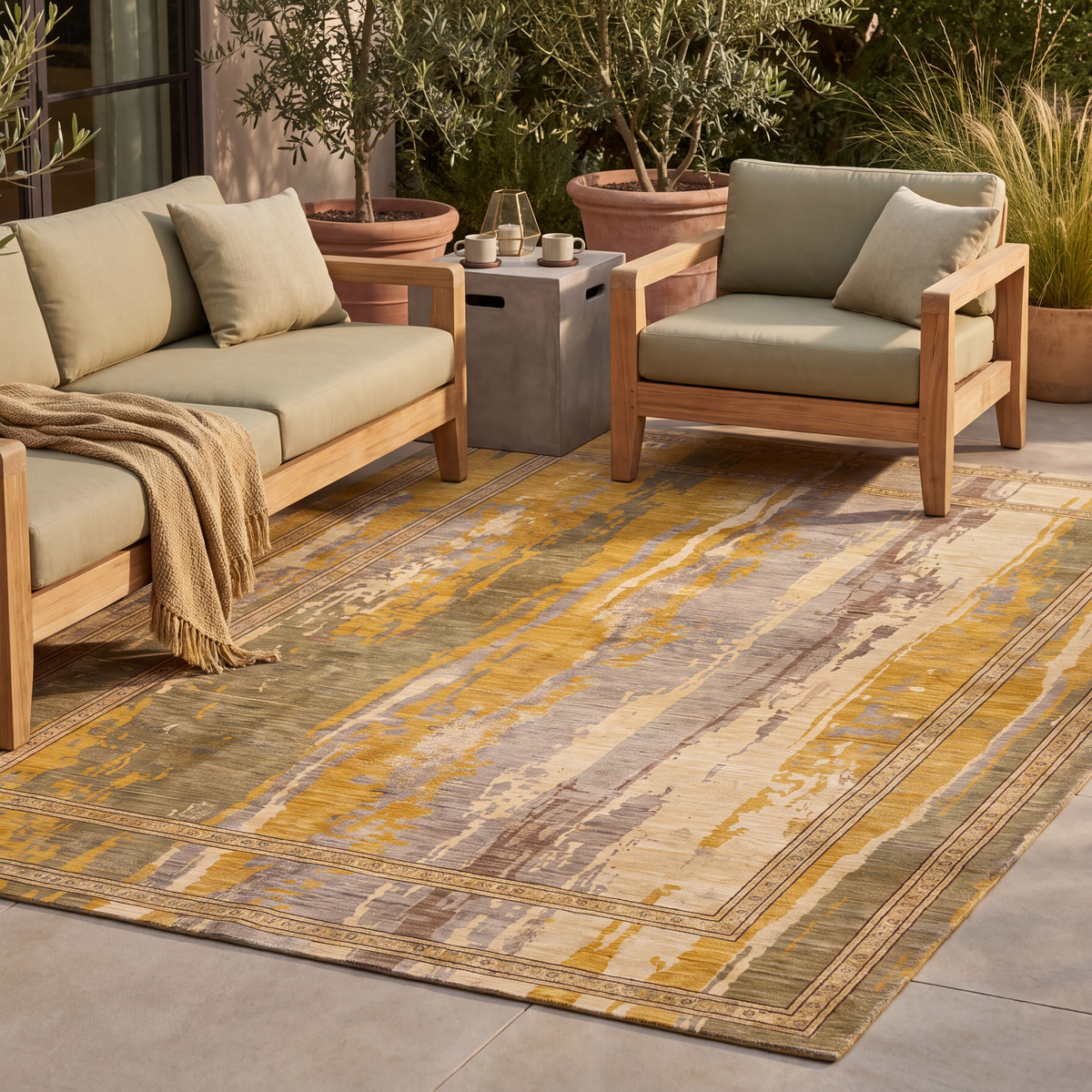 The rug laid flat on a patio beside outdoor seating.
