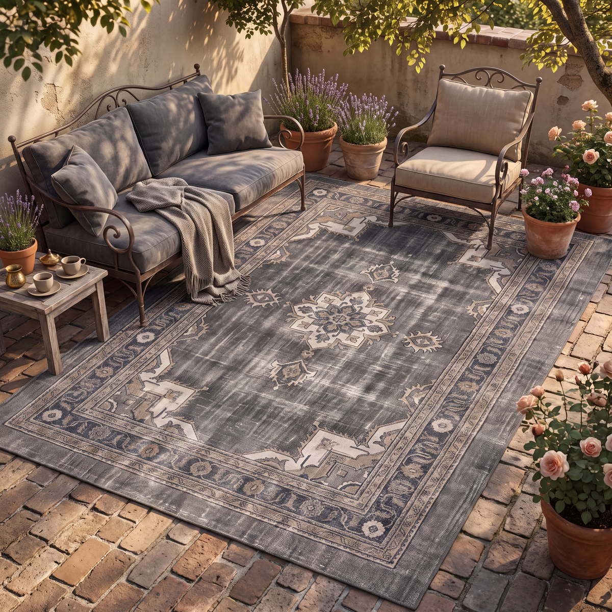 The rug laid flat on a patio beside outdoor seating.
