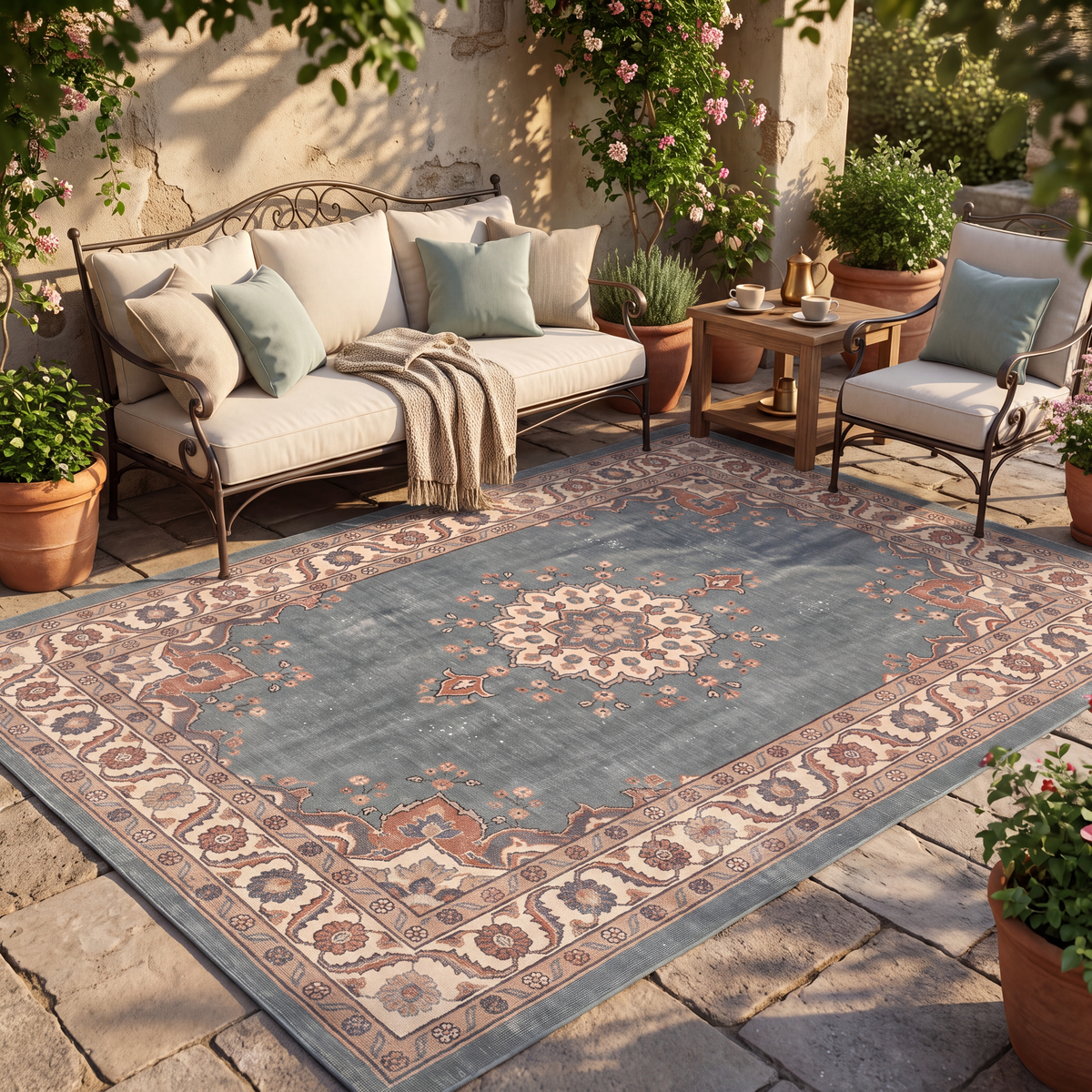 The rug laid flat on a patio beside outdoor seating.