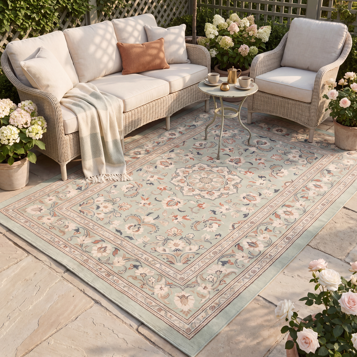 The rug laid flat on a patio beside outdoor seating.