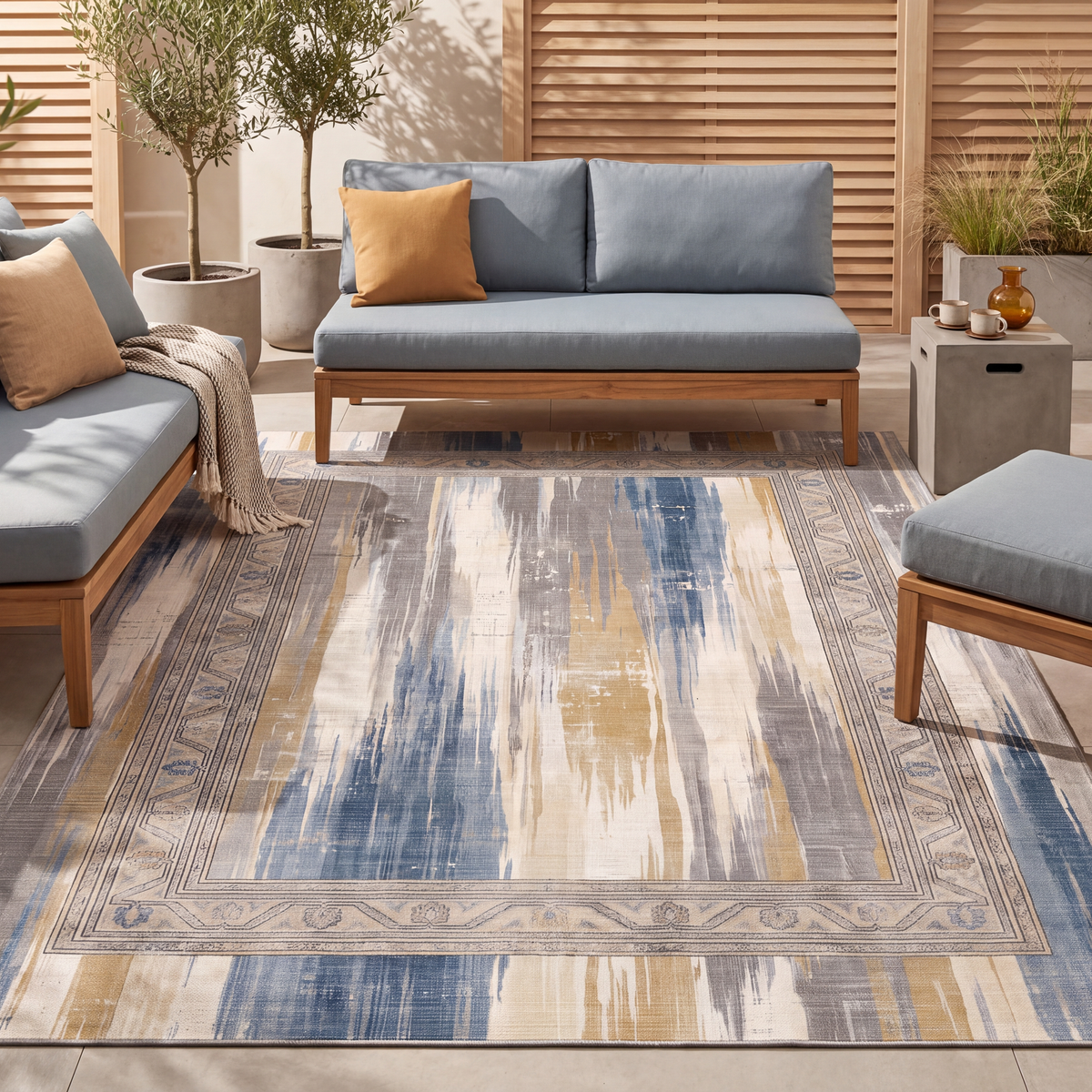 The rug laid flat on a patio beside outdoor seating.