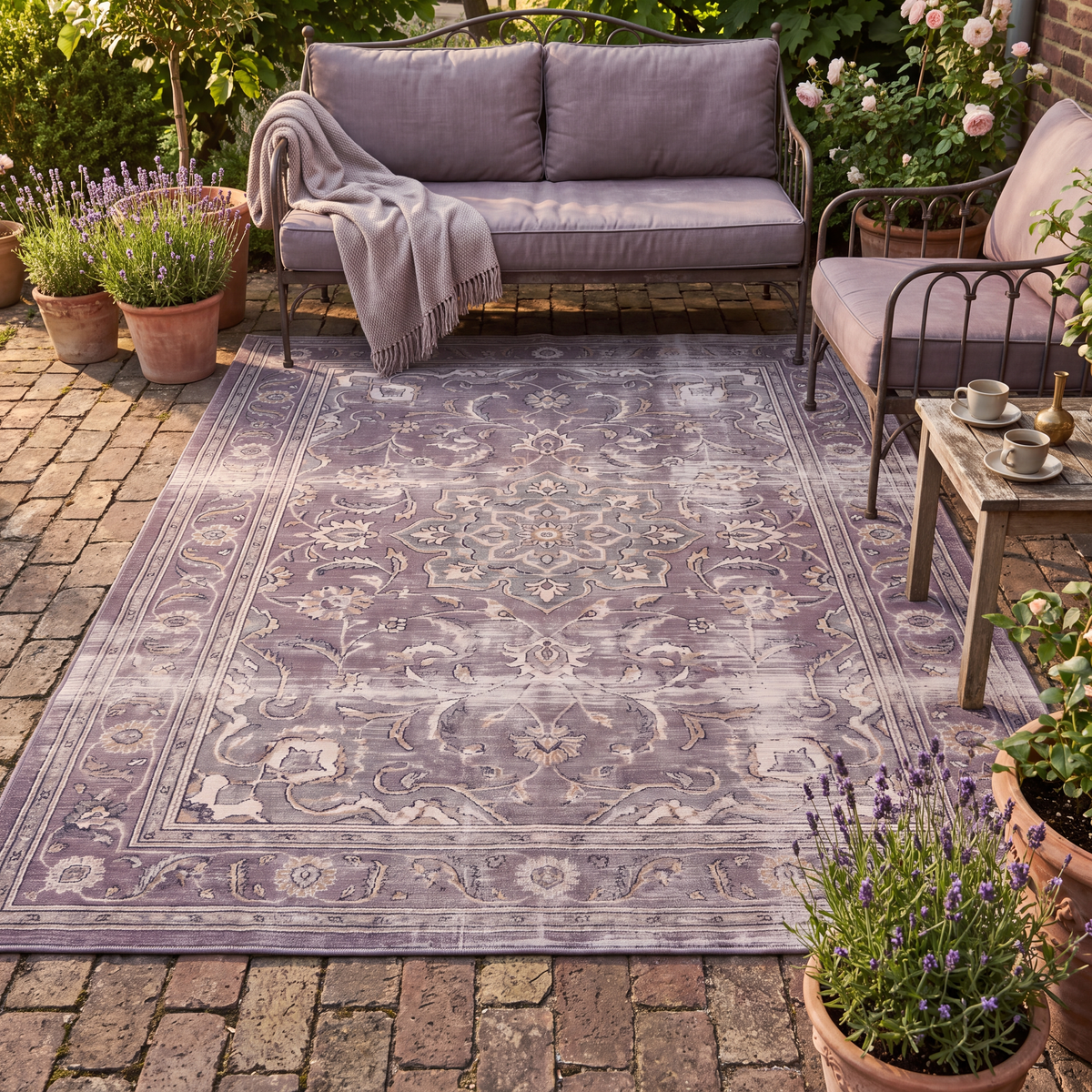 The rug laid flat on a patio beside outdoor seating.