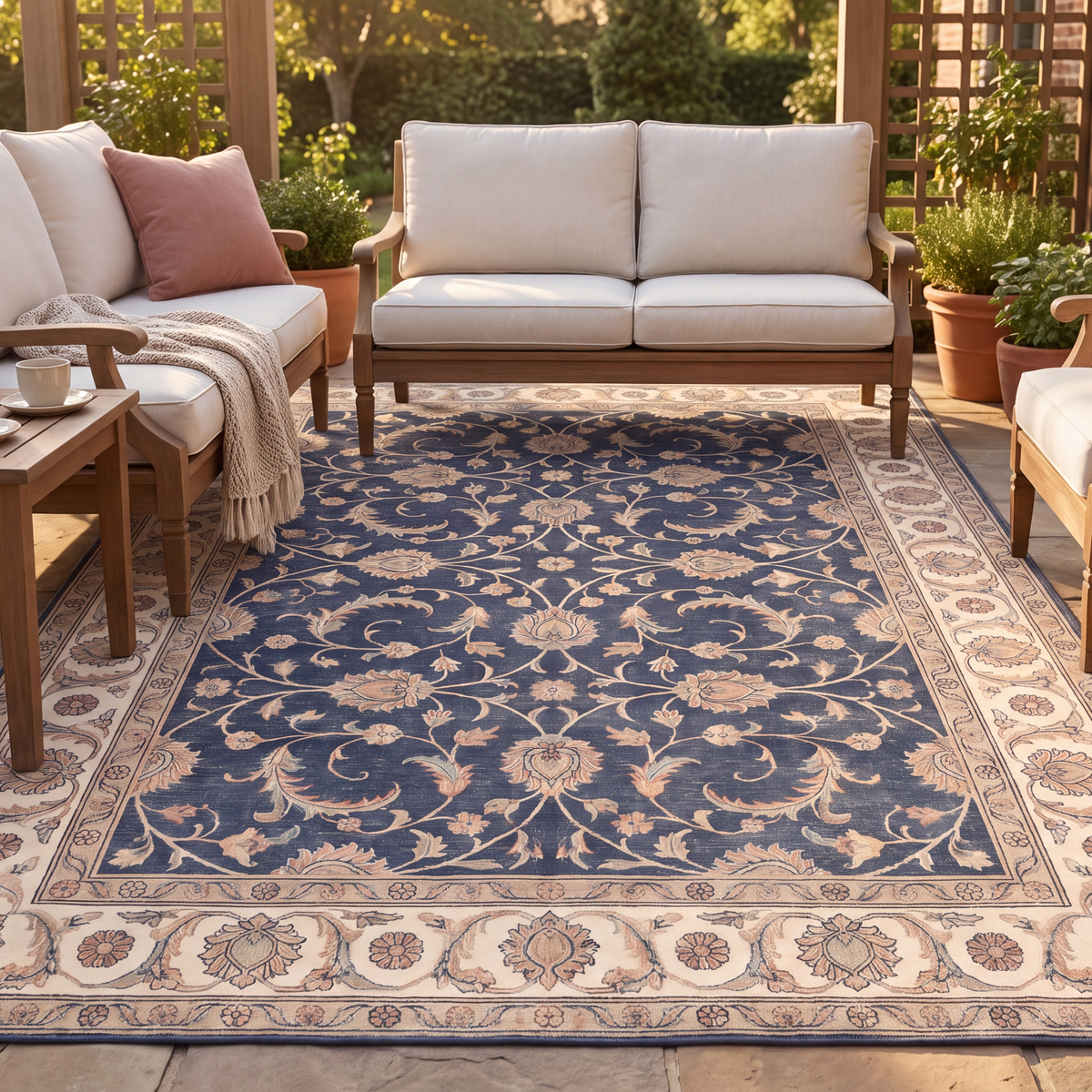 The rug laid flat on a patio beside outdoor seating.