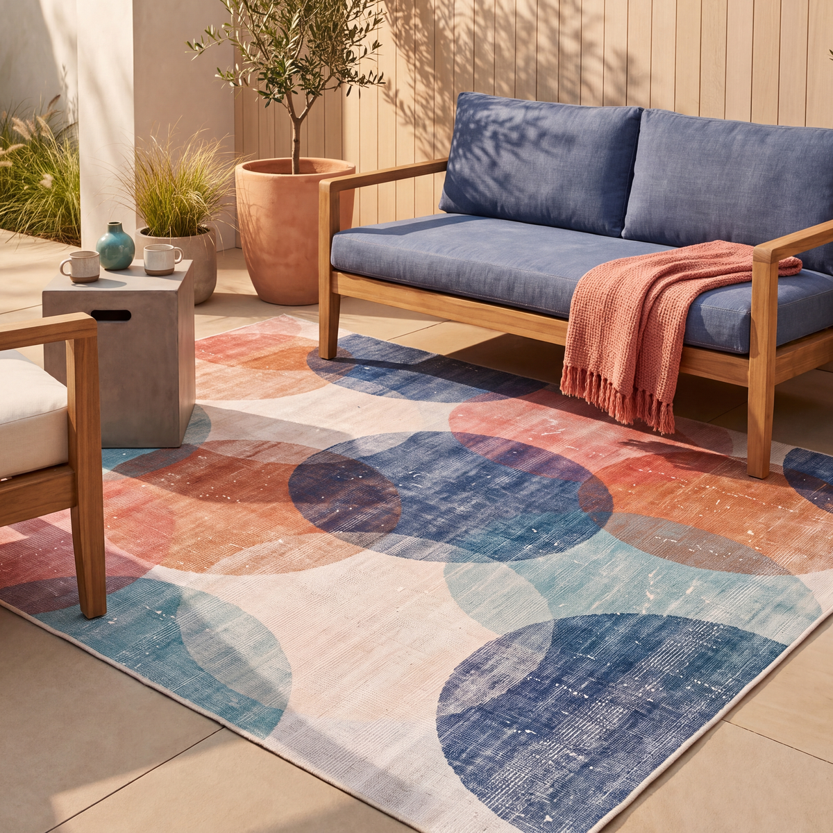 The rug laid flat on a patio beside outdoor seating.