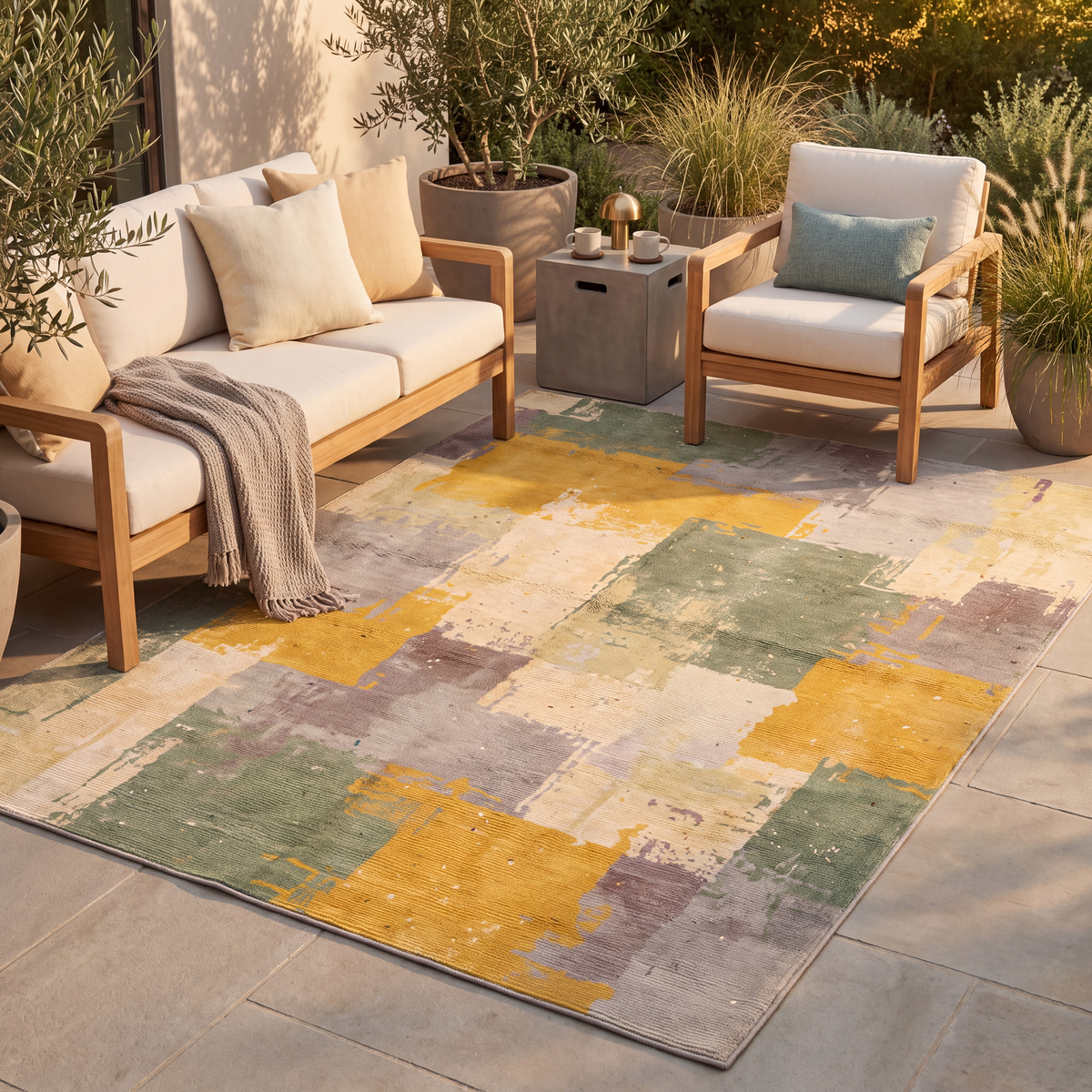 The rug laid flat on a patio beside outdoor seating.