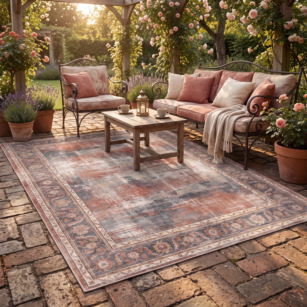 The rug laid flat on a patio beside outdoor seating.