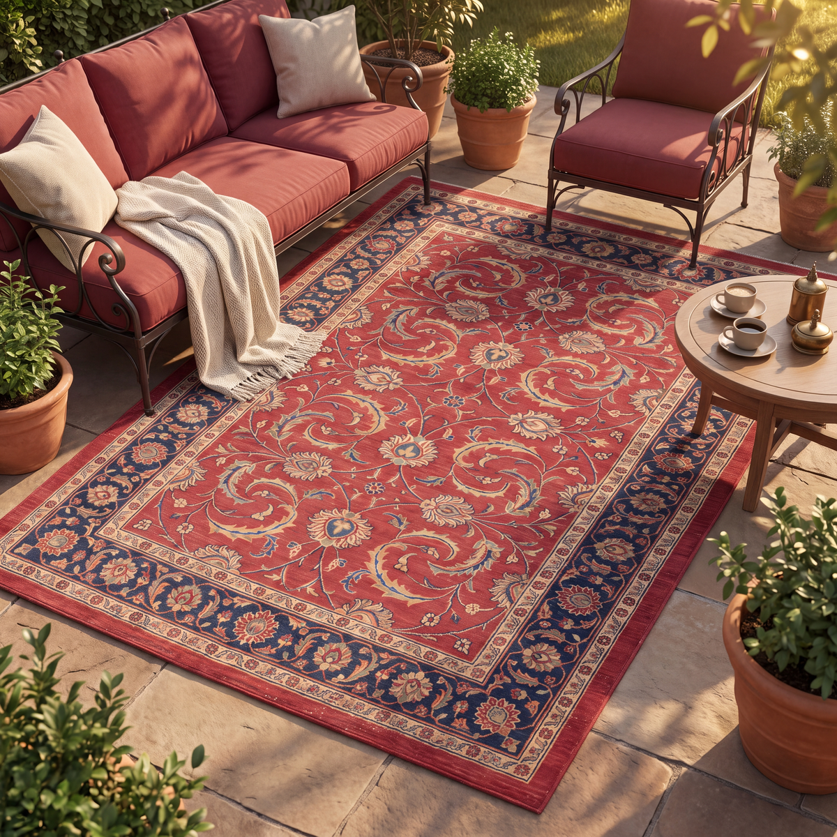 The rug laid flat on a patio beside outdoor seating.