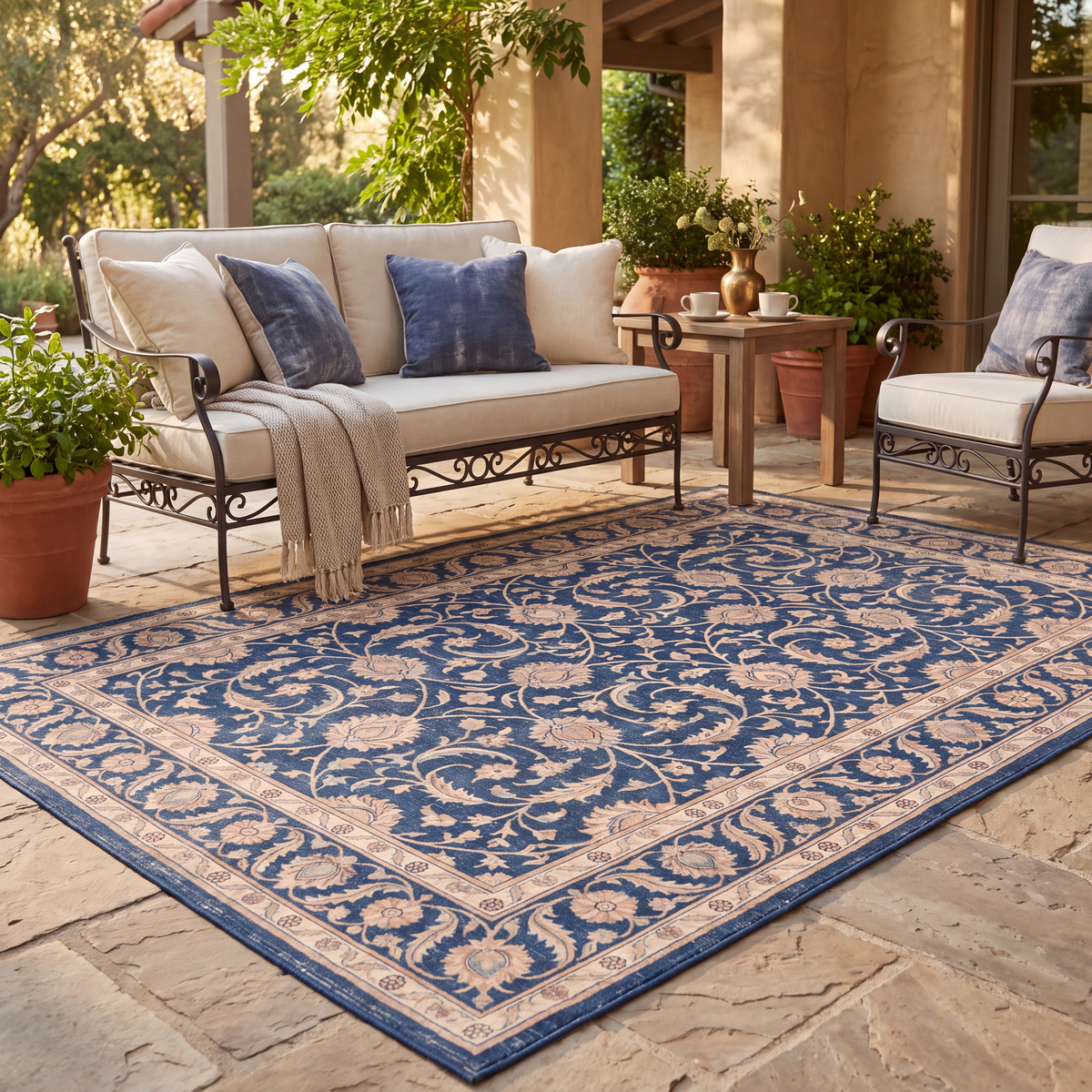 The rug laid flat on a patio beside outdoor seating.