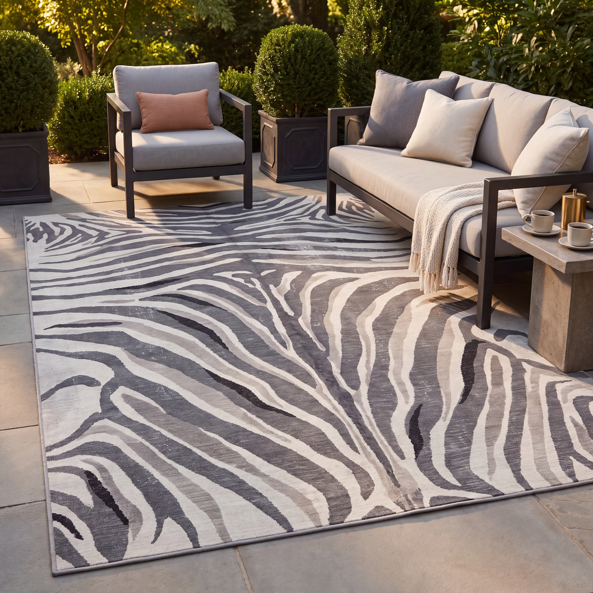 The rug laid flat on a patio beside outdoor seating.