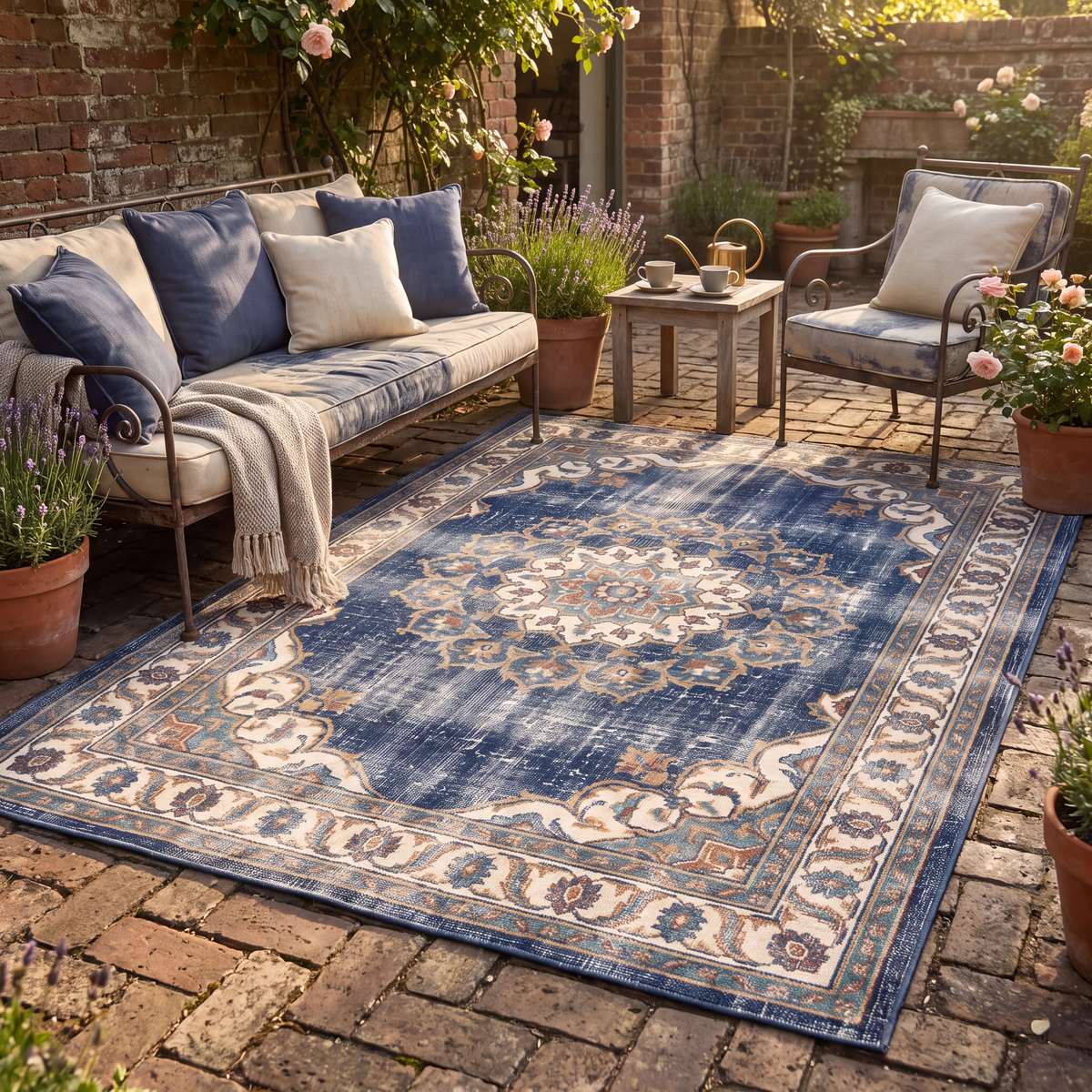 The rug laid flat on a patio beside outdoor seating.