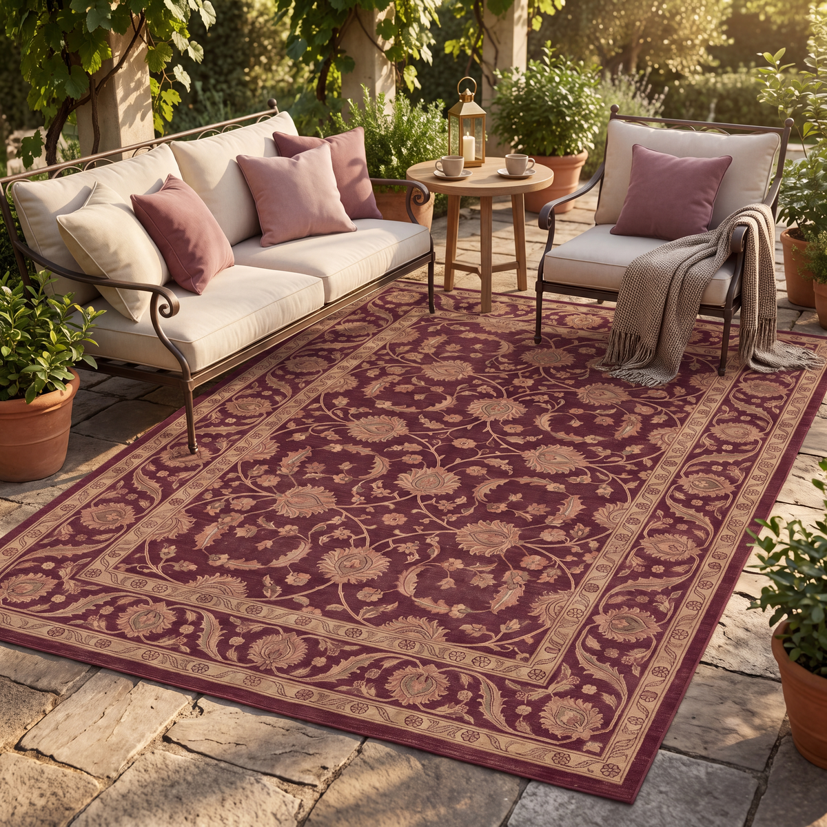 The rug laid flat on a patio beside outdoor seating.