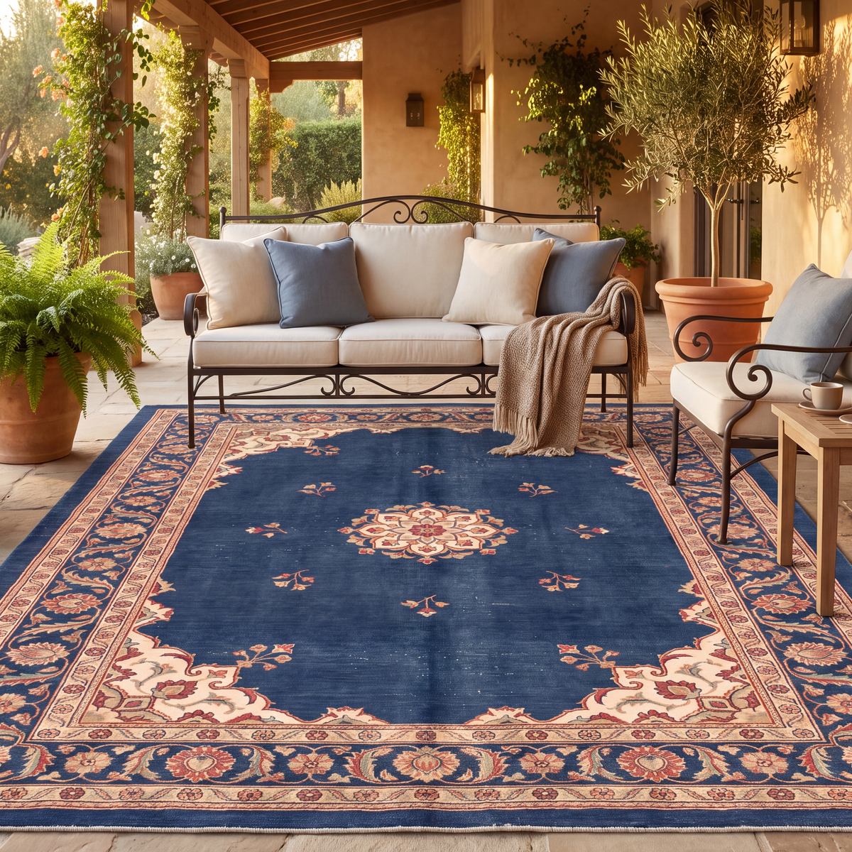 The rug laid flat on a patio beside outdoor seating.