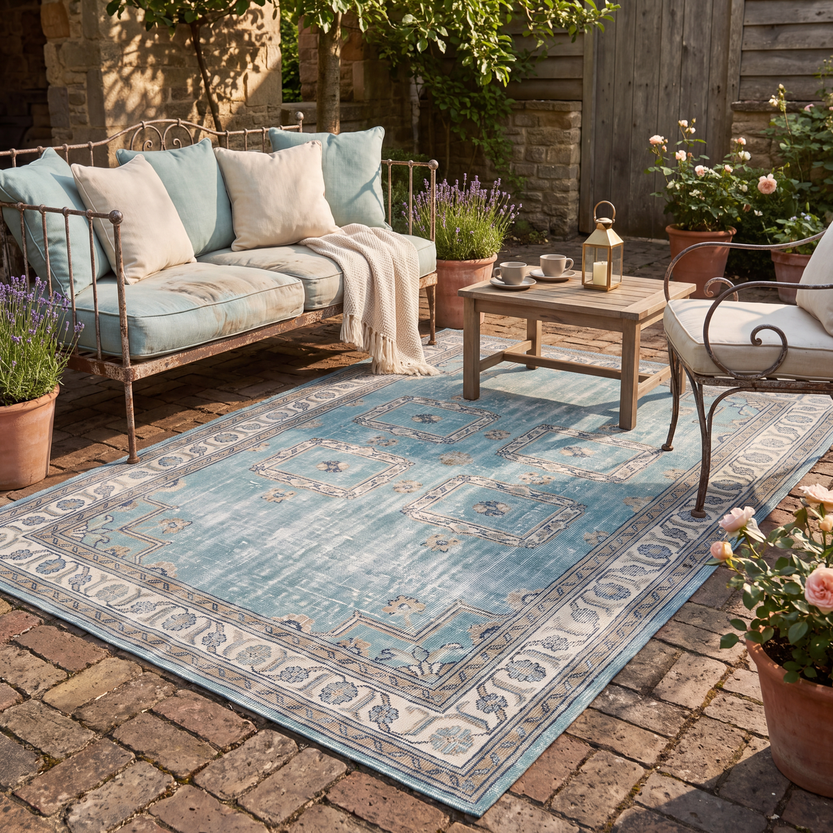 The rug laid flat on a patio beside outdoor seating.