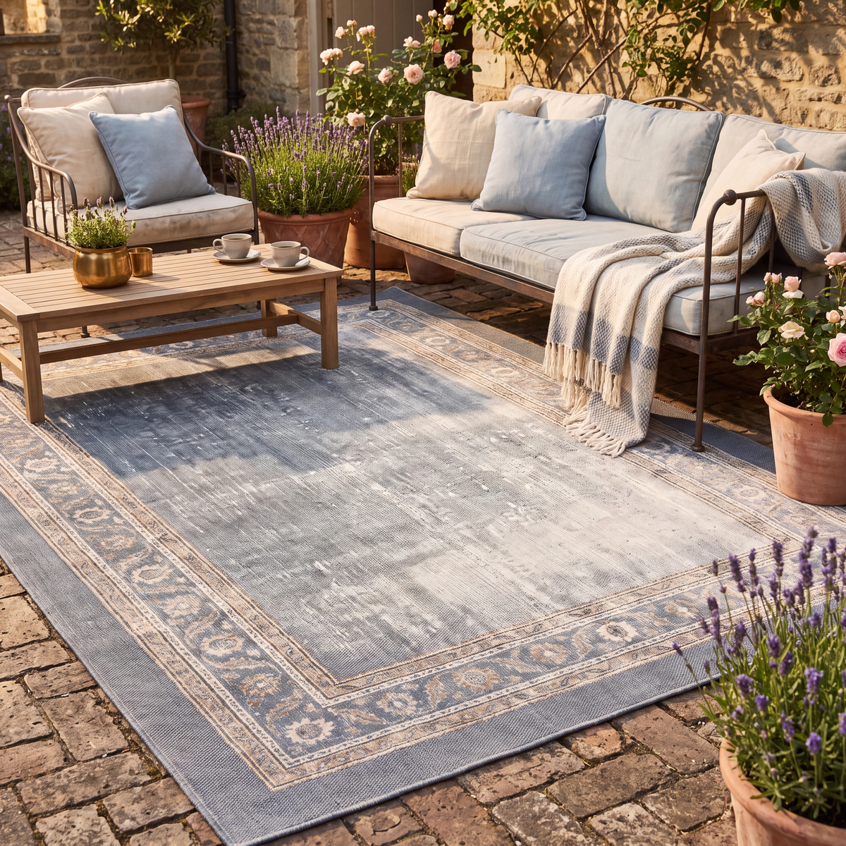 The rug laid flat on a patio beside outdoor seating.