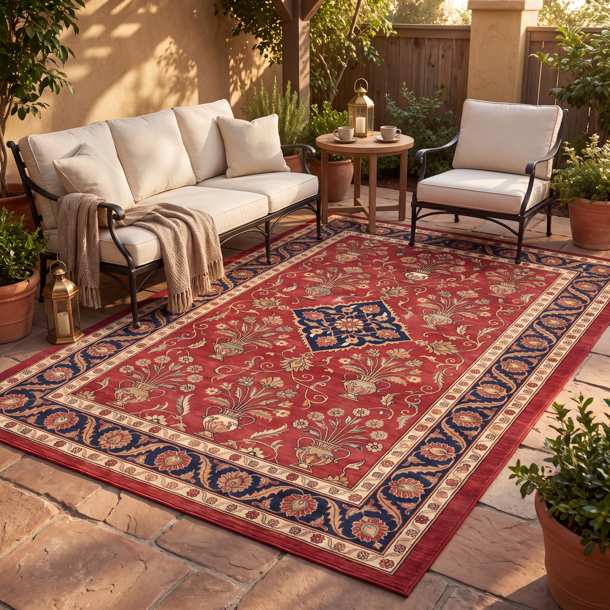 The rug laid flat on a patio beside outdoor seating.