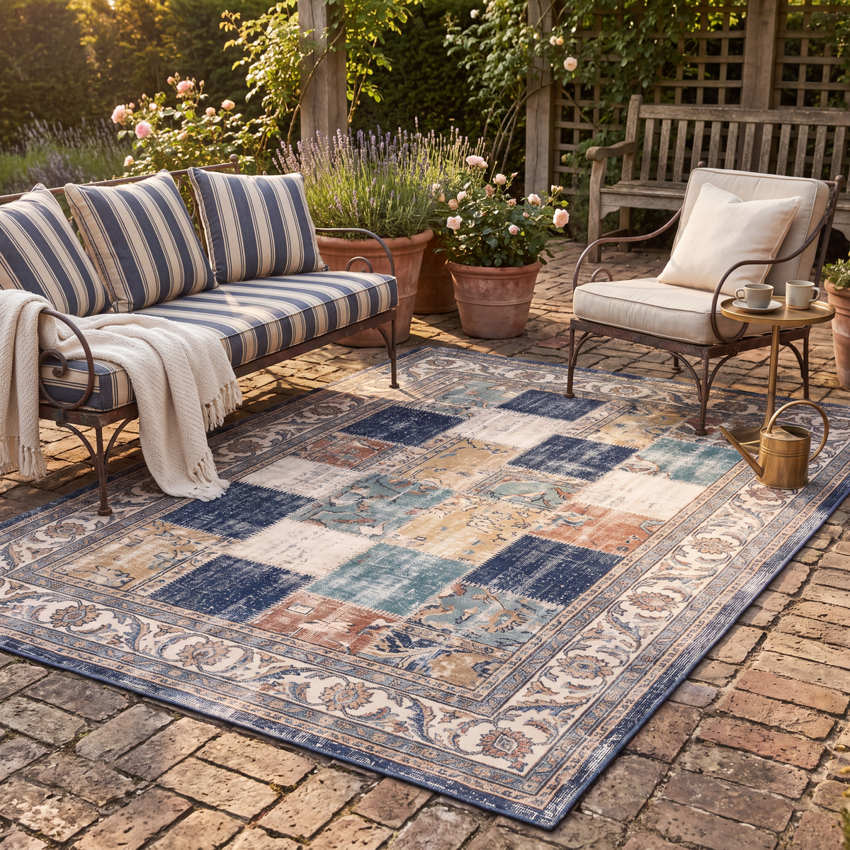 The rug laid flat on a patio beside outdoor seating.