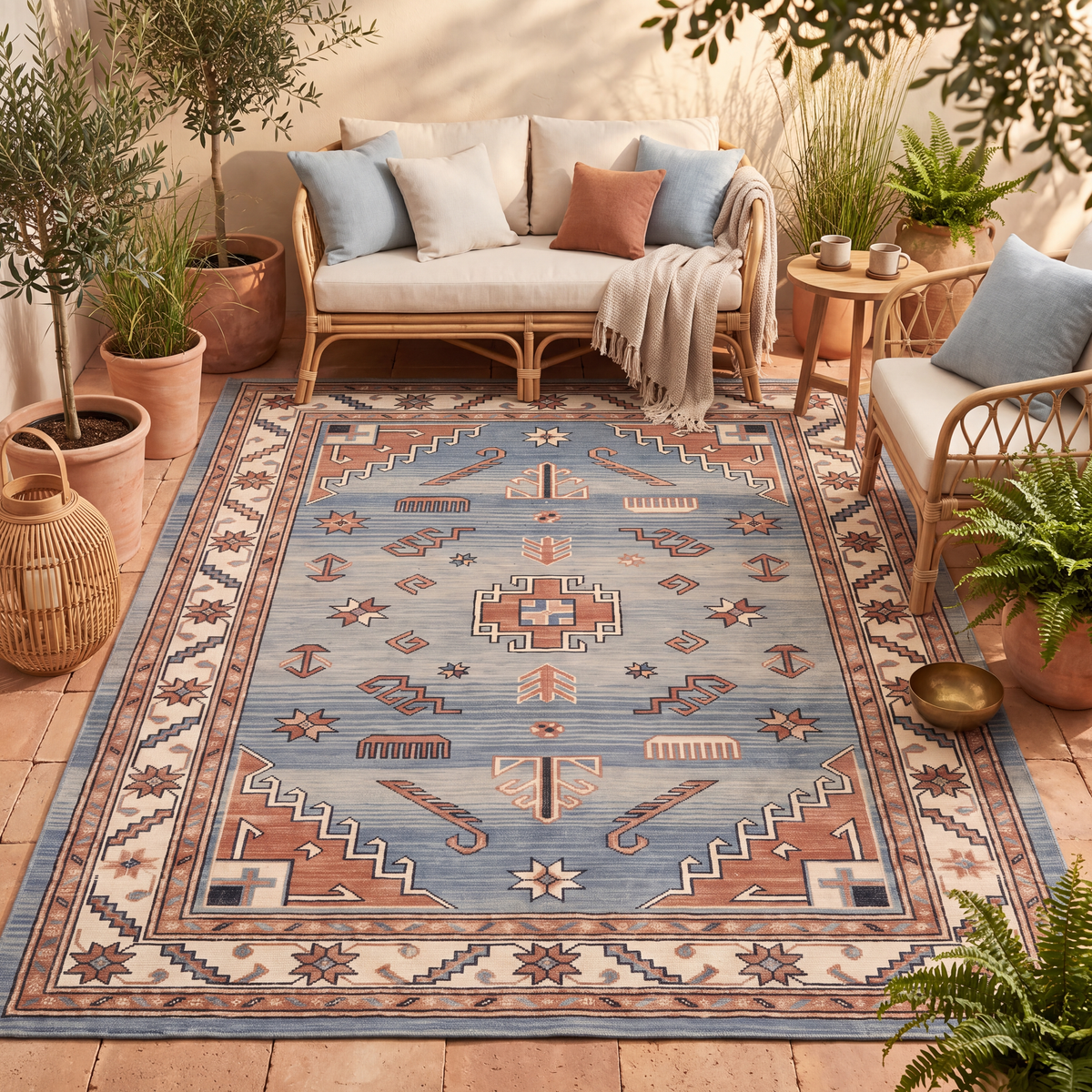 The rug laid flat on a patio beside outdoor seating.