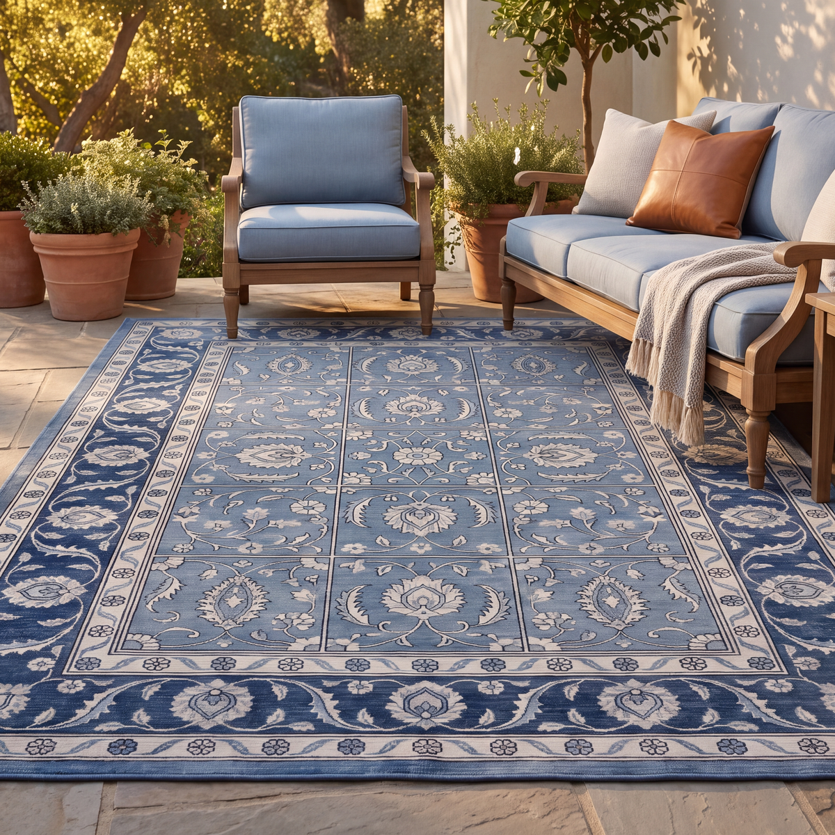 The rug laid flat on a patio beside outdoor seating.