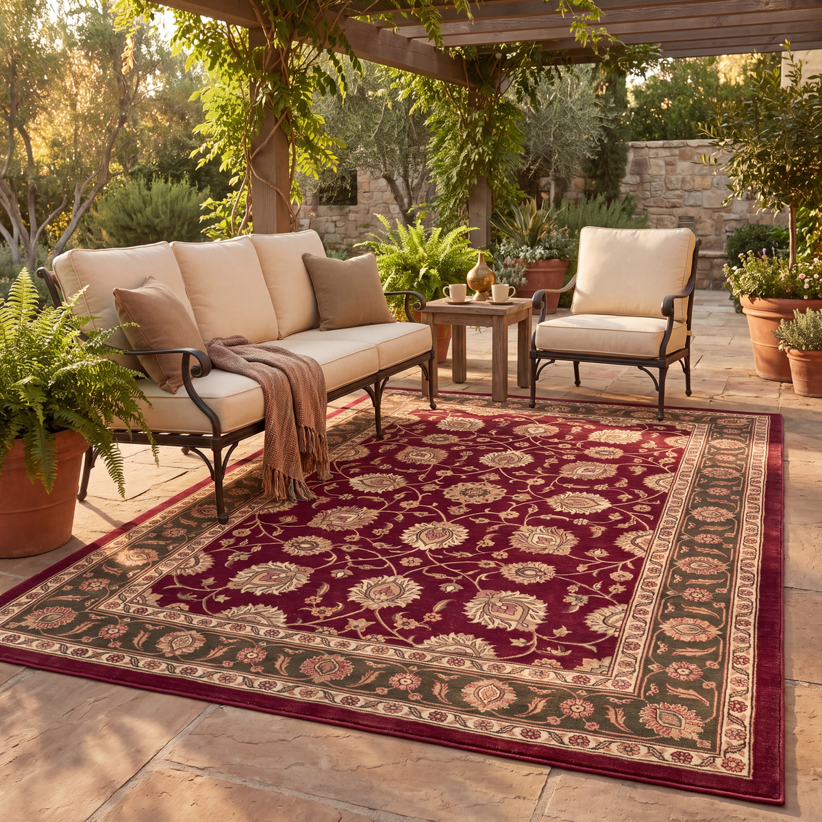 The rug laid flat on a patio beside outdoor seating.