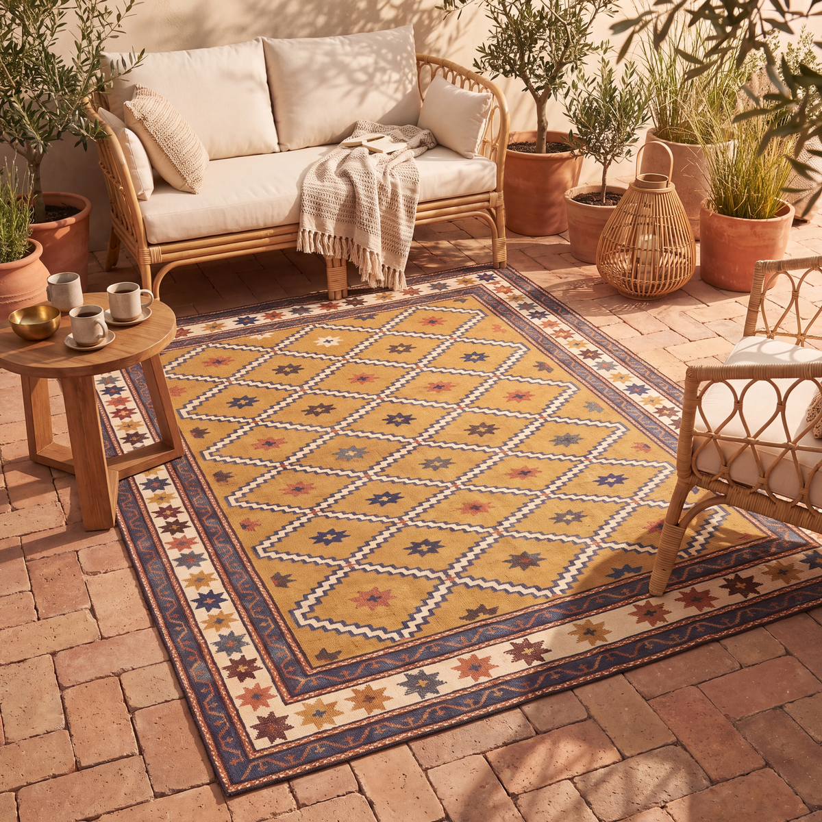 The rug laid flat on a patio beside outdoor seating.