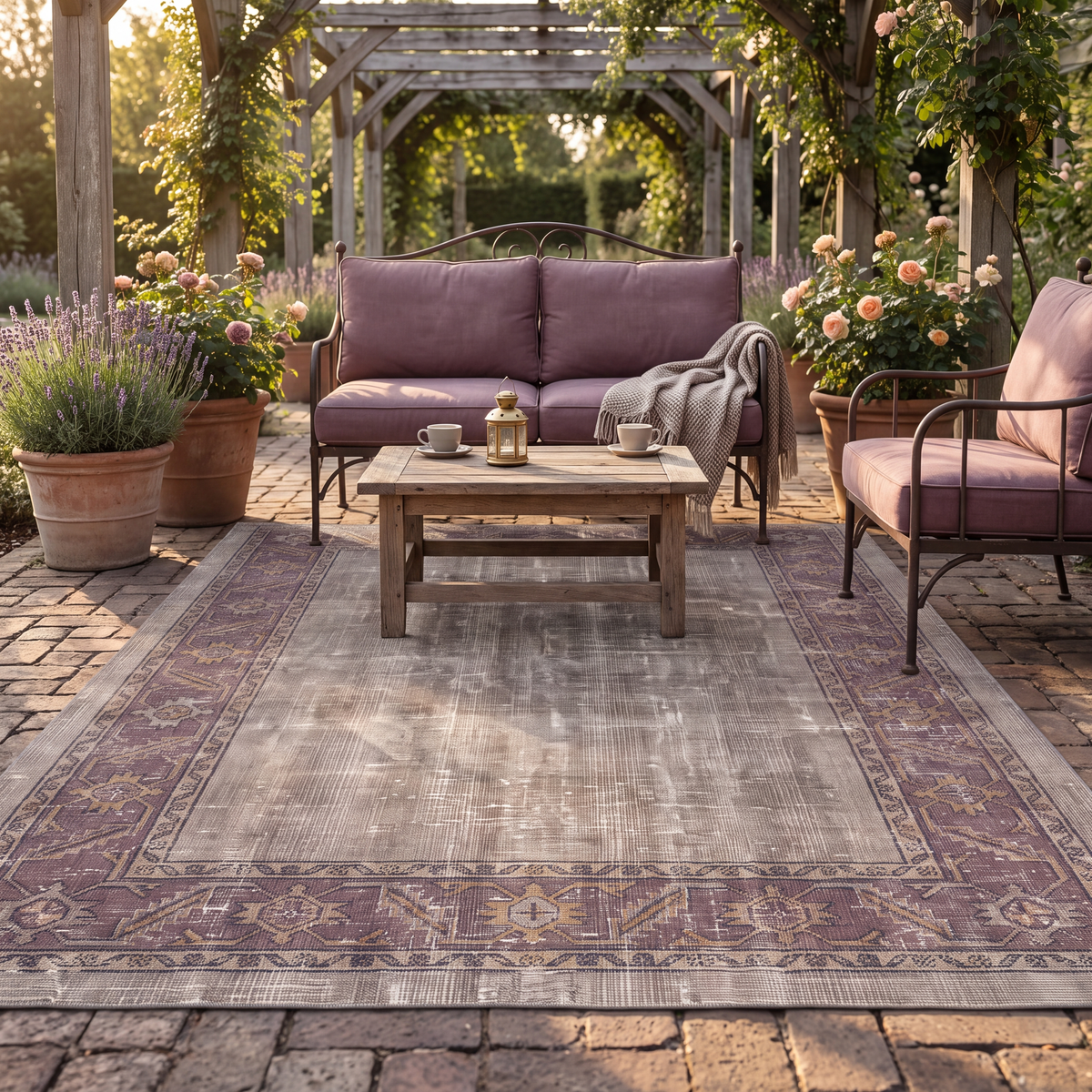The rug laid flat on a patio beside outdoor seating.