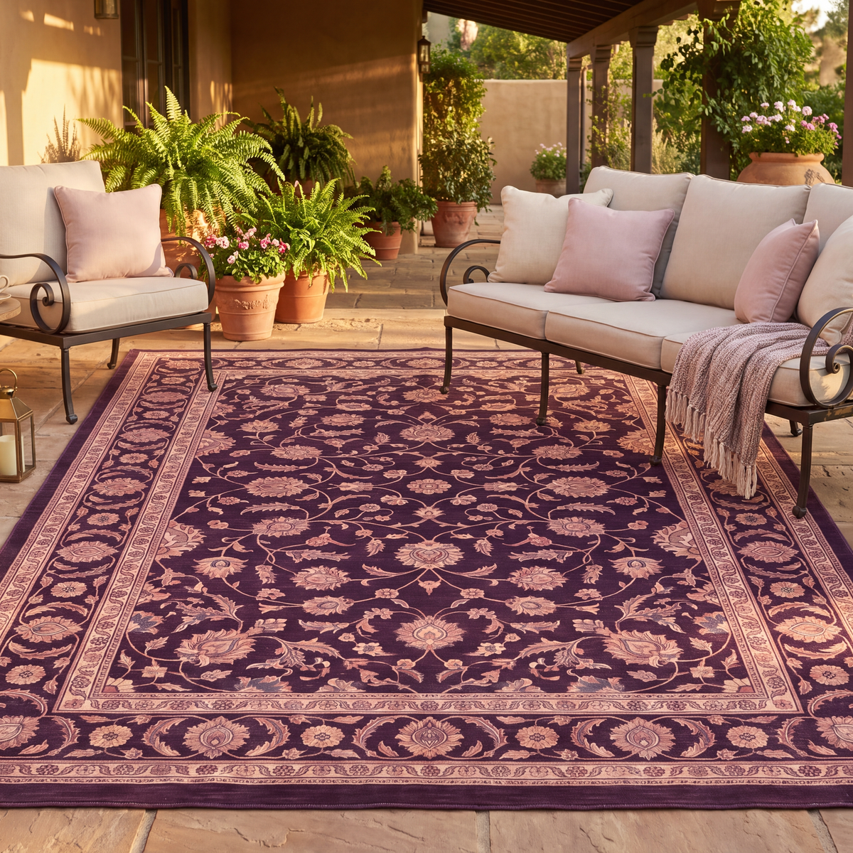 The rug laid flat on a patio beside outdoor seating.