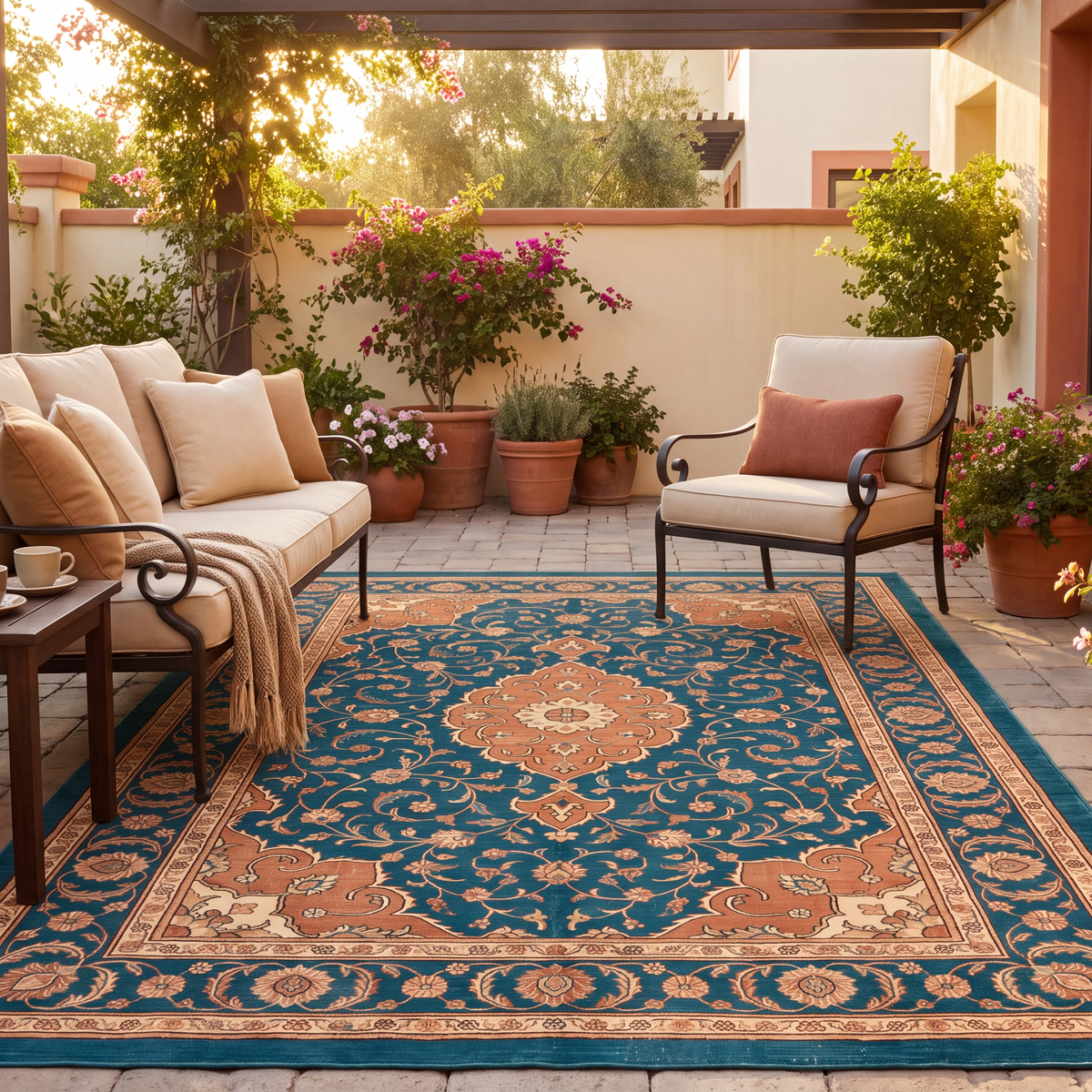 The rug laid flat on a patio beside outdoor seating.