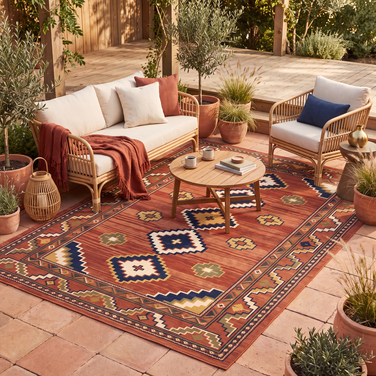 The rug laid flat on a patio beside outdoor seating.