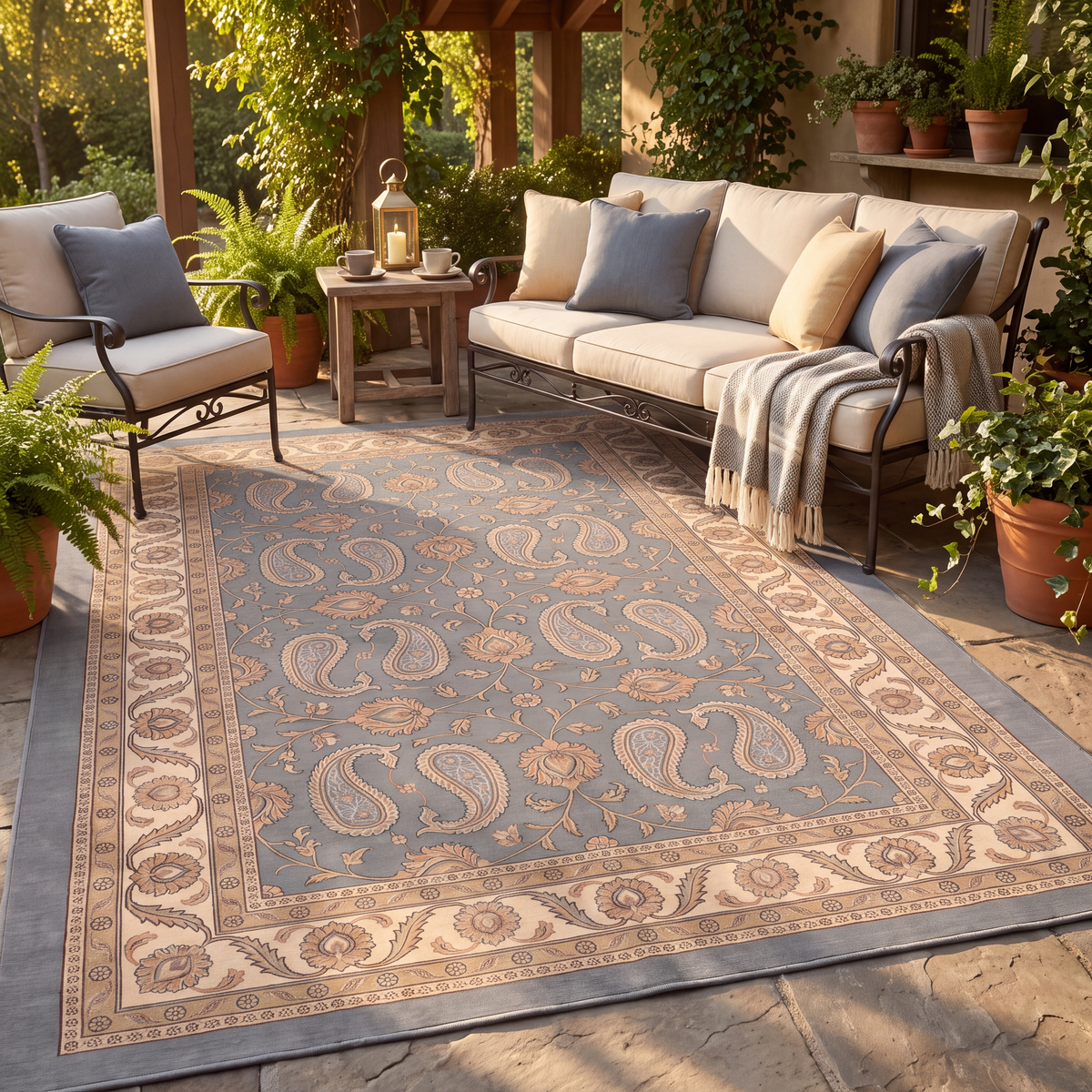 The rug laid flat on a patio beside outdoor seating.