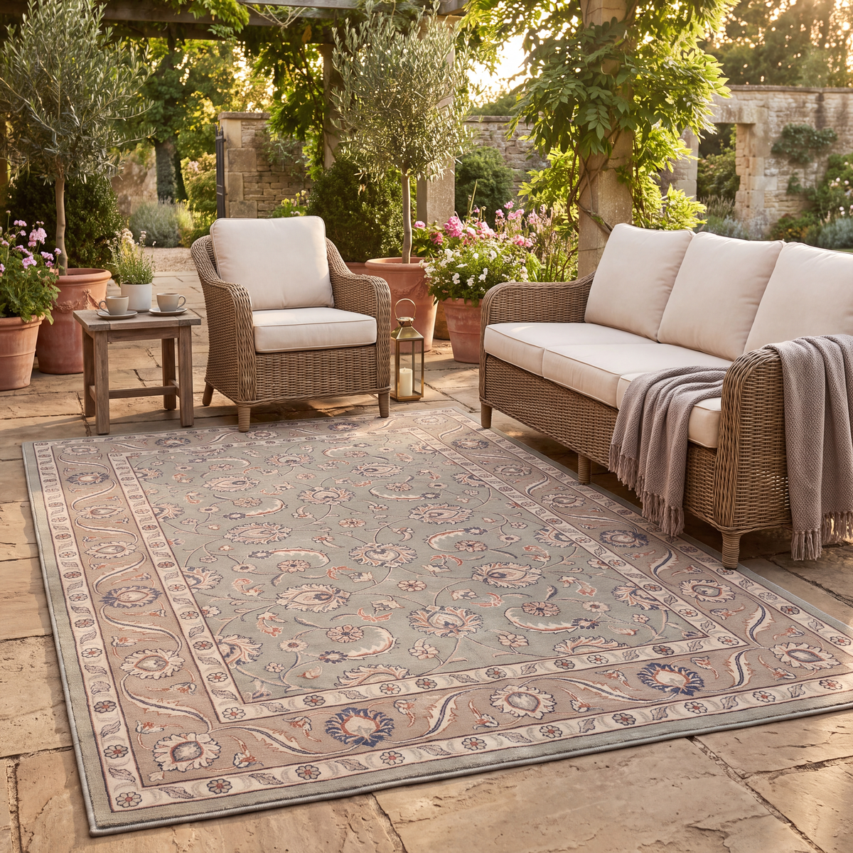 The rug laid flat on a patio beside outdoor seating.