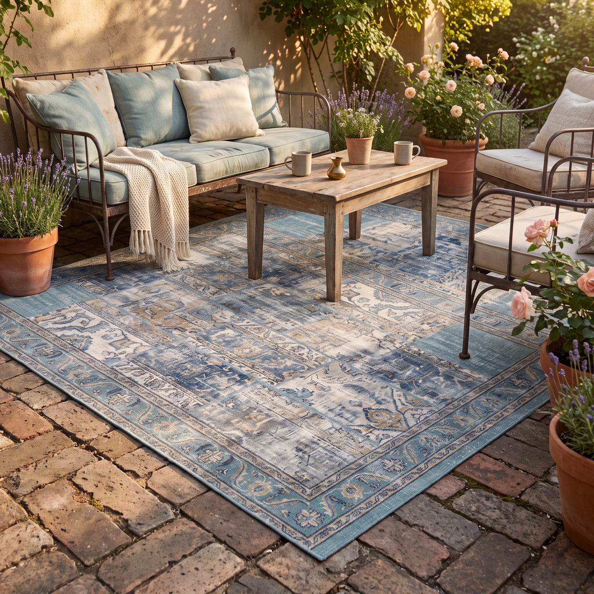 The rug laid flat on a patio beside outdoor seating.