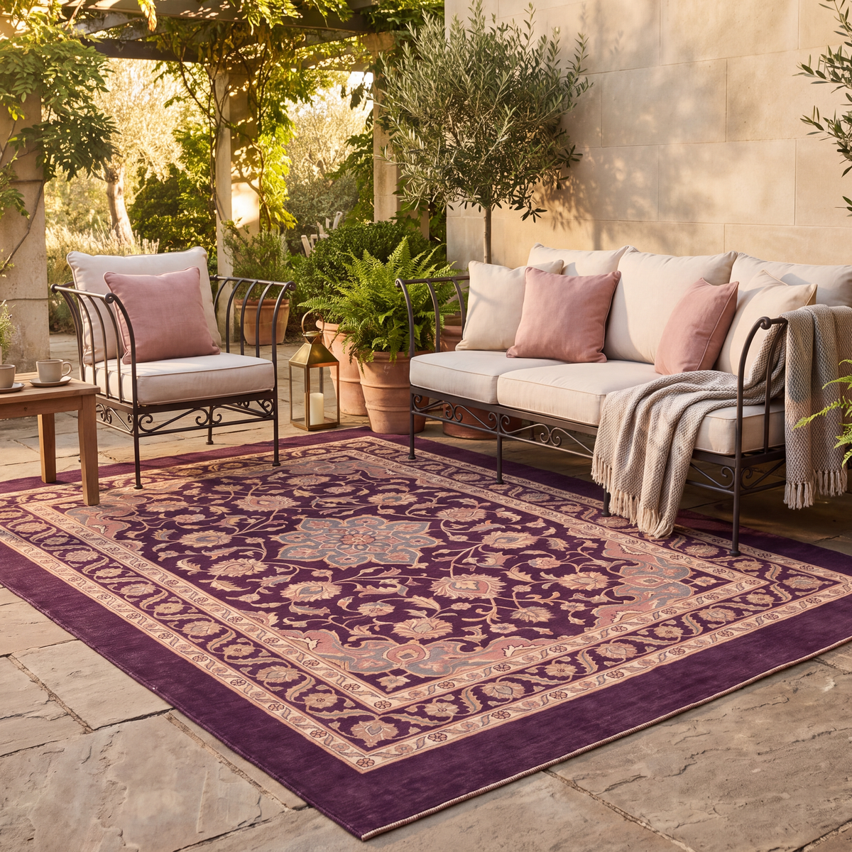 The rug laid flat on a patio beside outdoor seating.