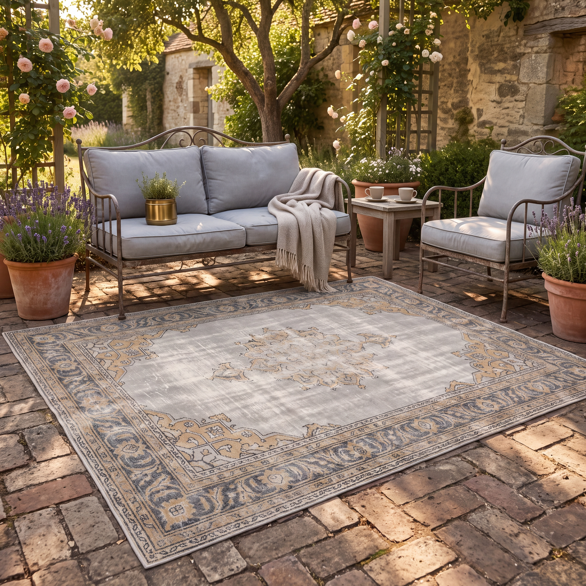 The rug laid flat on a patio beside outdoor seating.